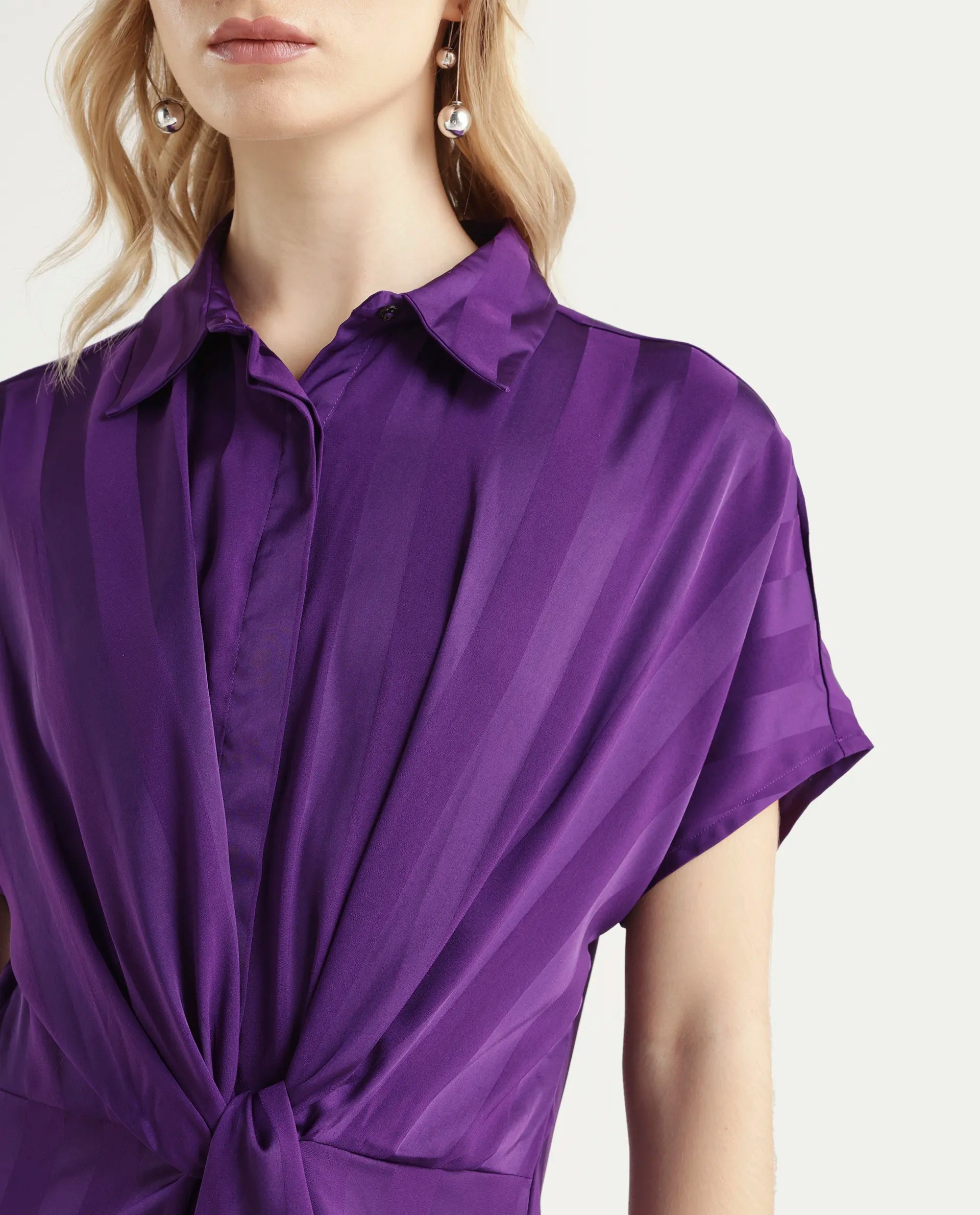 Rareism Women's Nekop Dark Purple Polyester Spread Collar Striped Knee Length Regular Fit Dress