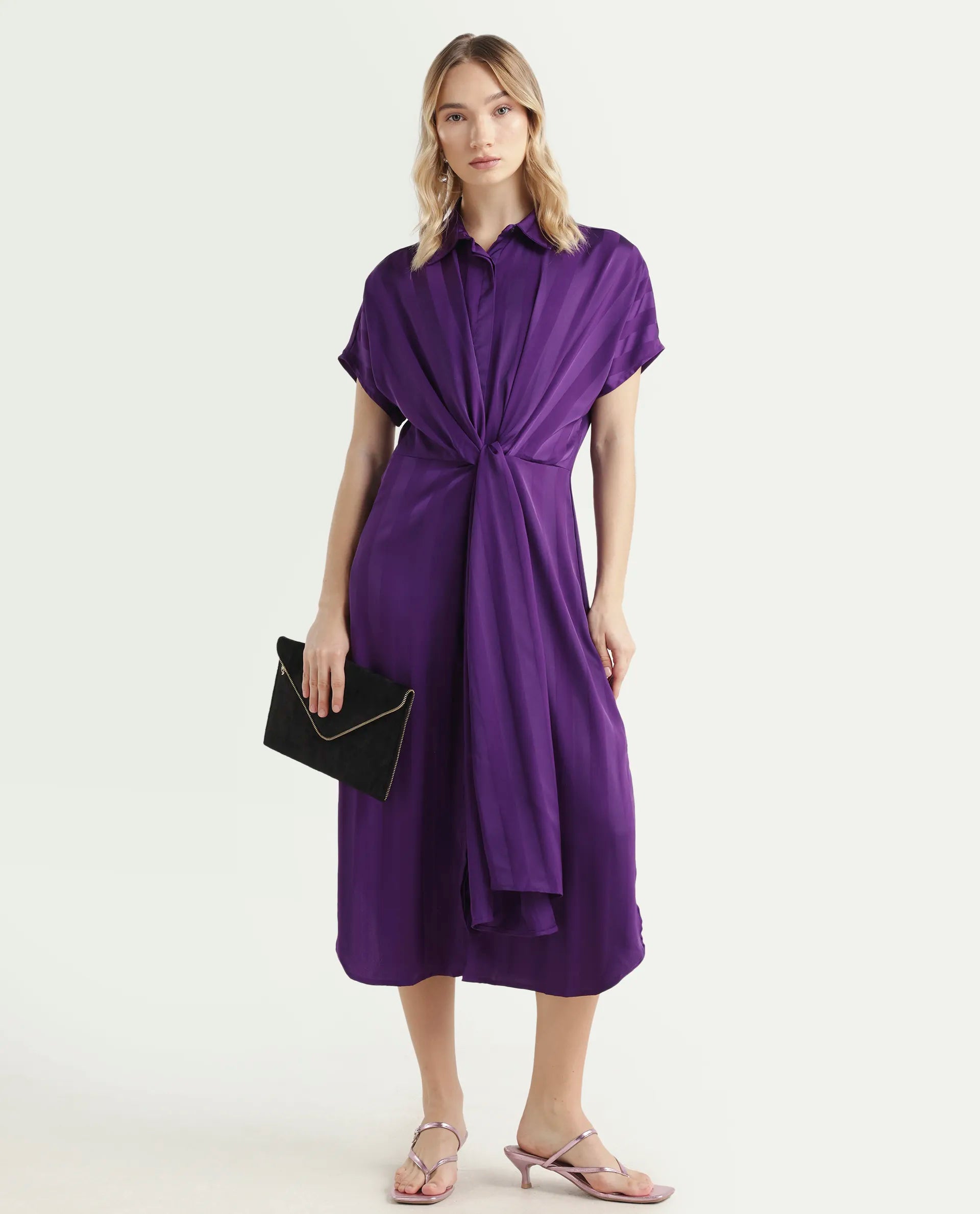 Rareism Women's Nekop Dark Purple Polyester Spread Collar Striped Knee Length Regular Fit Dress