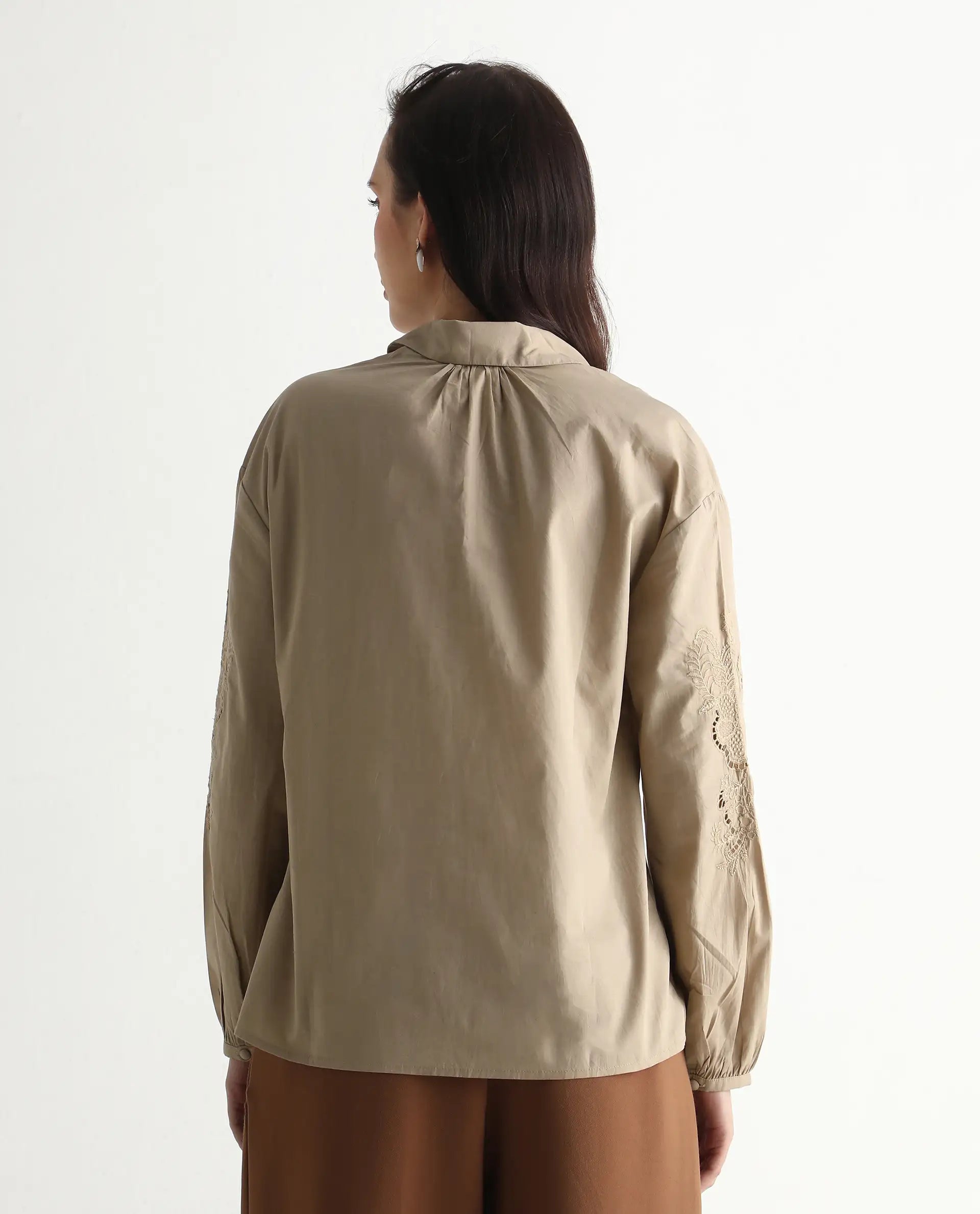 Rareism Women's Nembo Beige Cotton Bishop Sleeve Collared Neck Regular Fit Plain Top