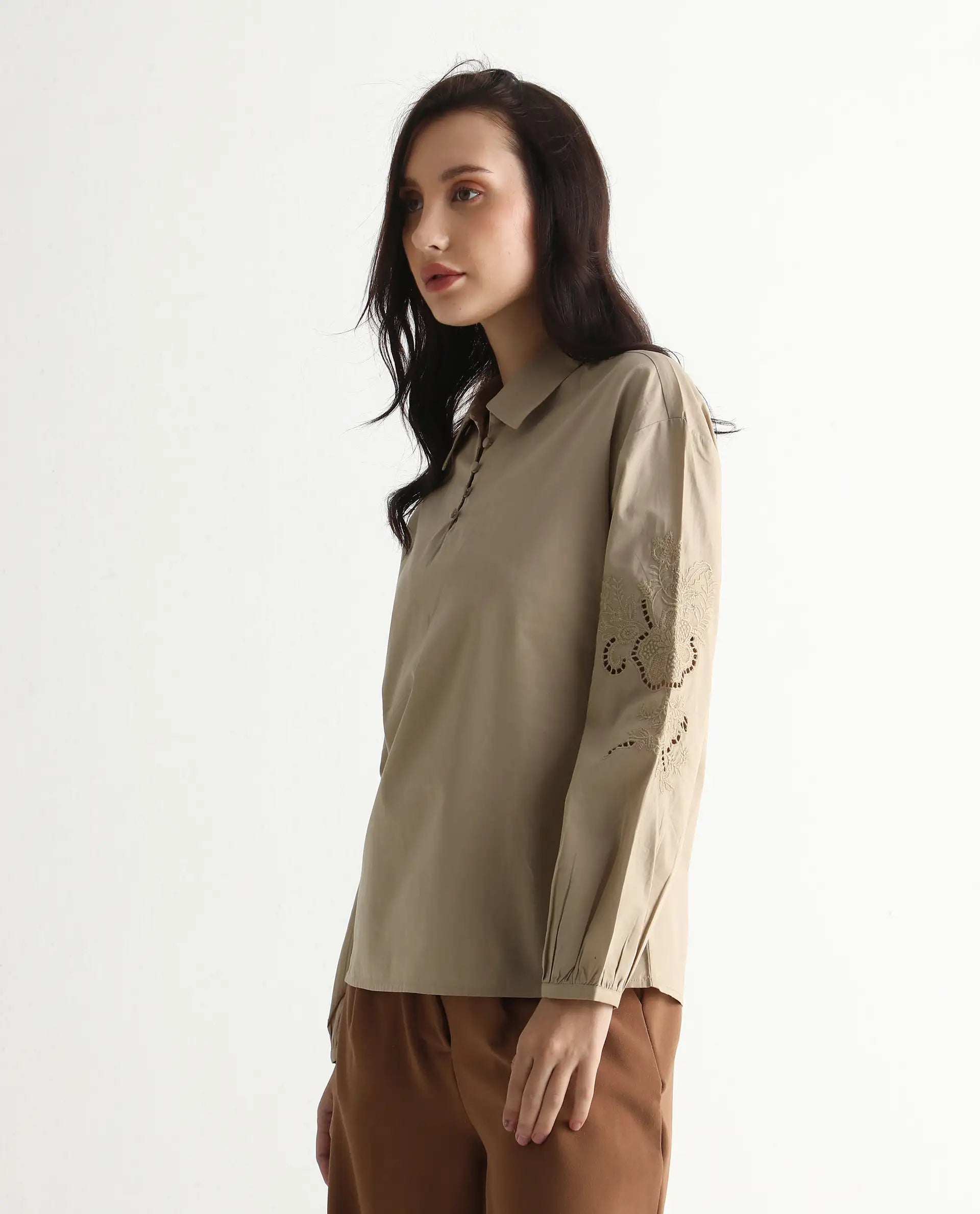 Rareism Women's Nembo Beige Cotton Bishop Sleeve Collared Neck Regular Fit Plain Top