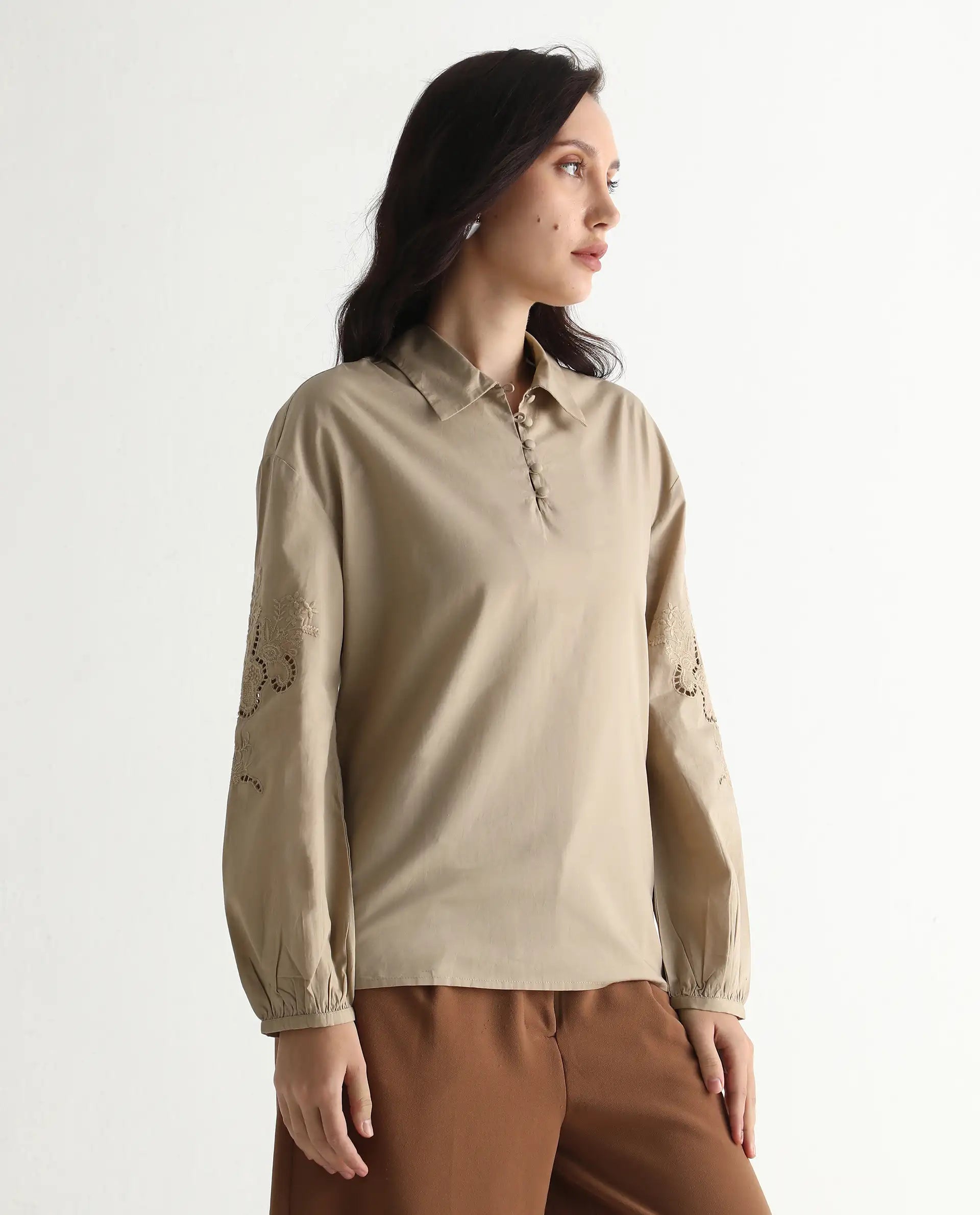 Rareism Women's Nembo Beige Cotton Bishop Sleeve Collared Neck Regular Fit Plain Top