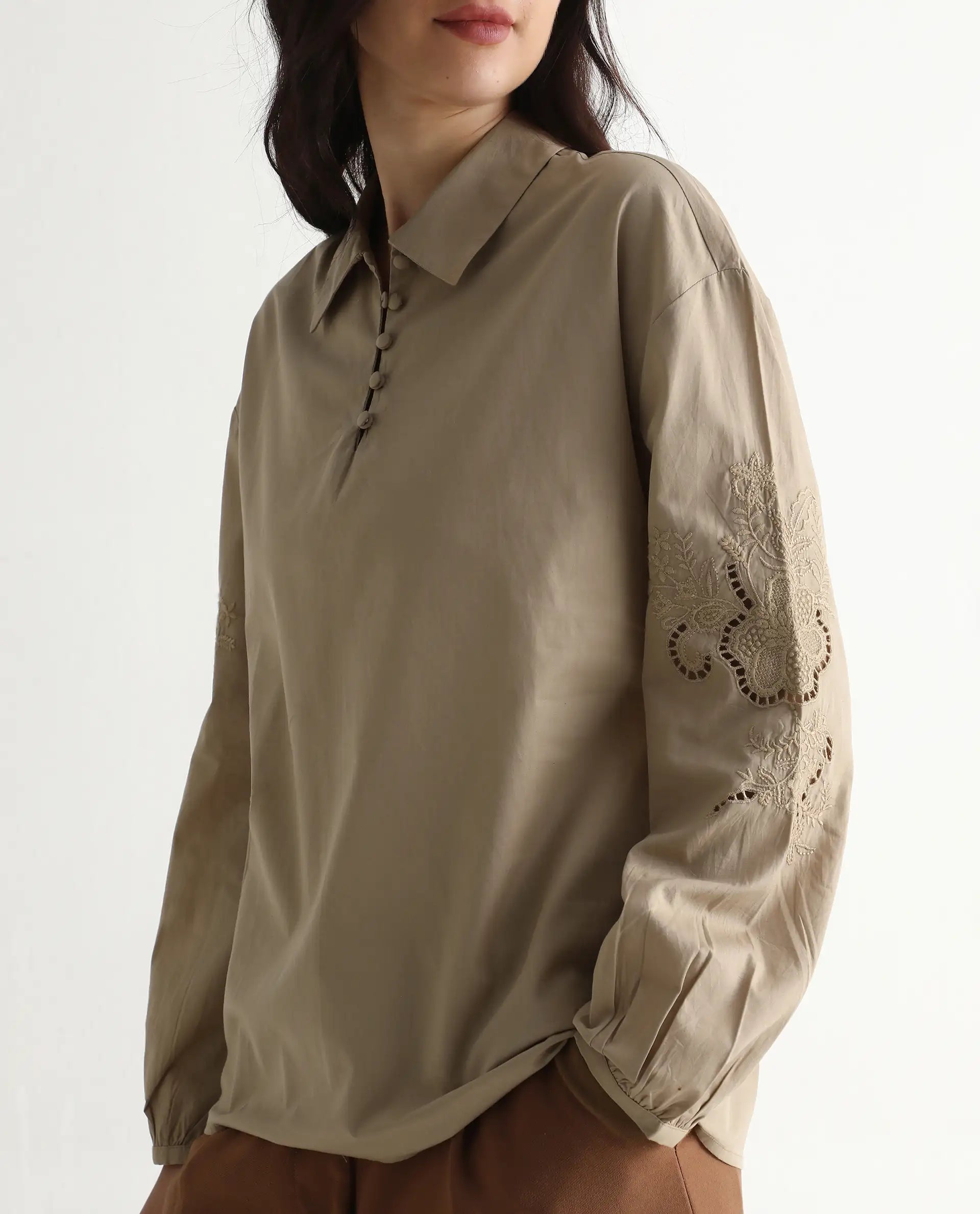 Rareism Women's Nembo Beige Cotton Bishop Sleeve Collared Neck Regular Fit Plain Top