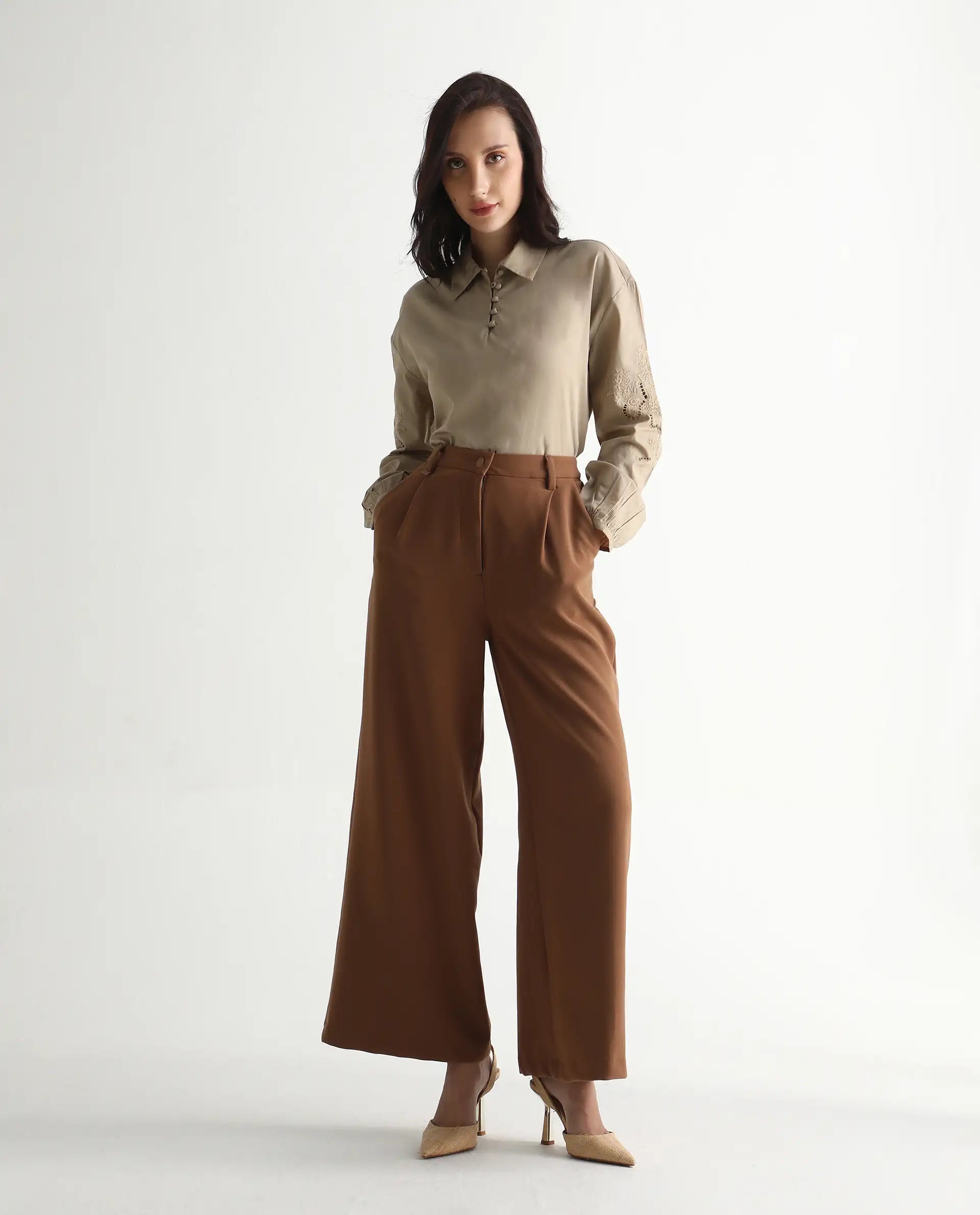 Rareism Women's Nembo Beige Cotton Bishop Sleeve Collared Neck Regular Fit Plain Top