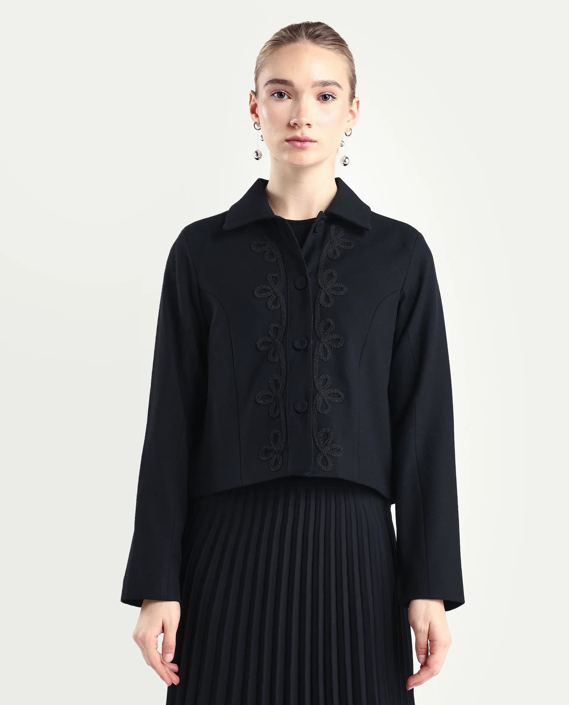 Rareism Women's Nemby Black Polyester Blend Collared Neck Slim Fit Plain Jacket