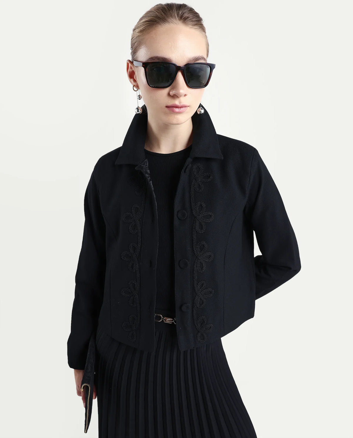 Rareism Women's Nemby Black Polyester Blend Collared Neck Slim Fit Plain Jacket