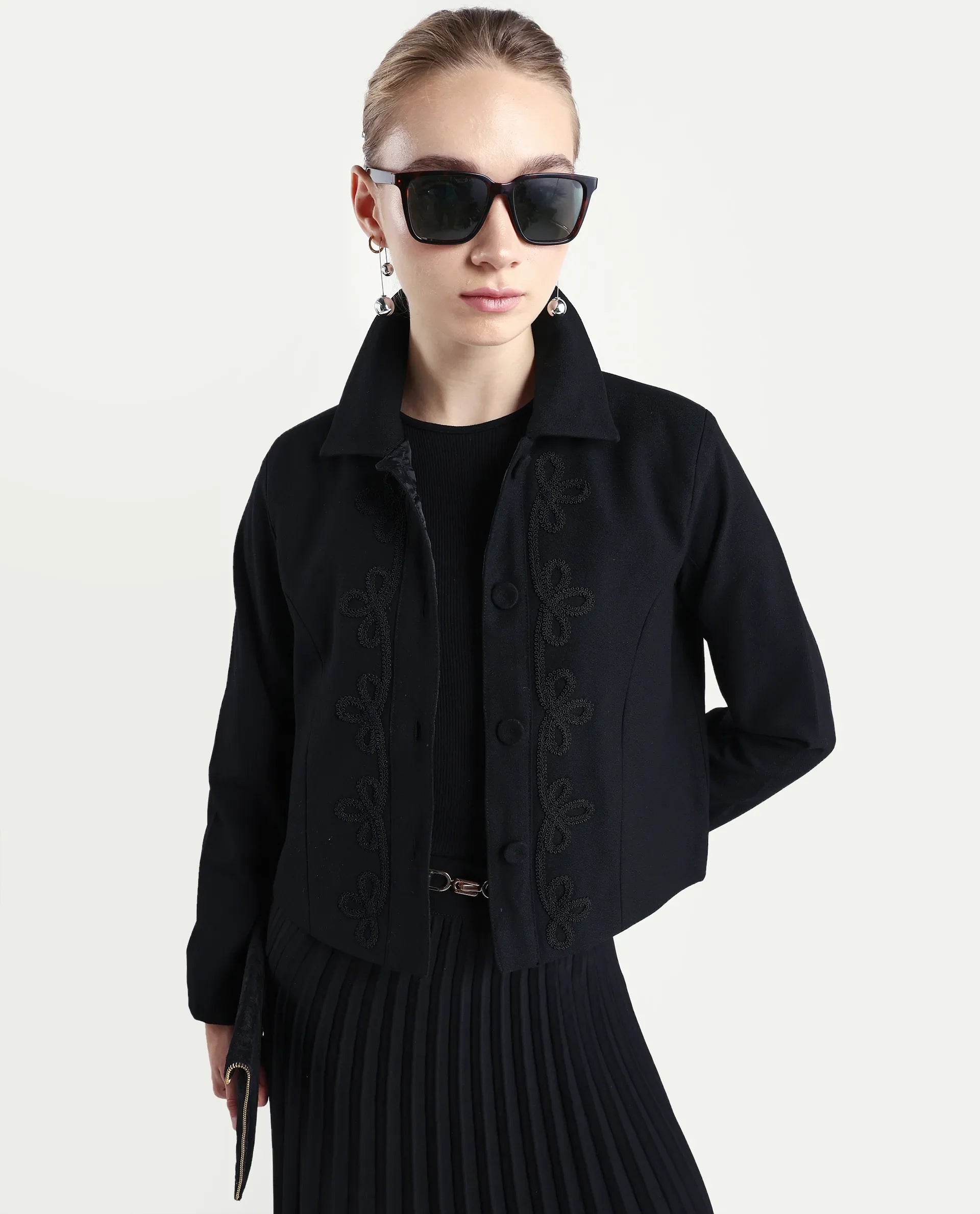 Rareism Women's Nemby Black Polyester Blend Collared Neck Slim Fit Plain Jacket