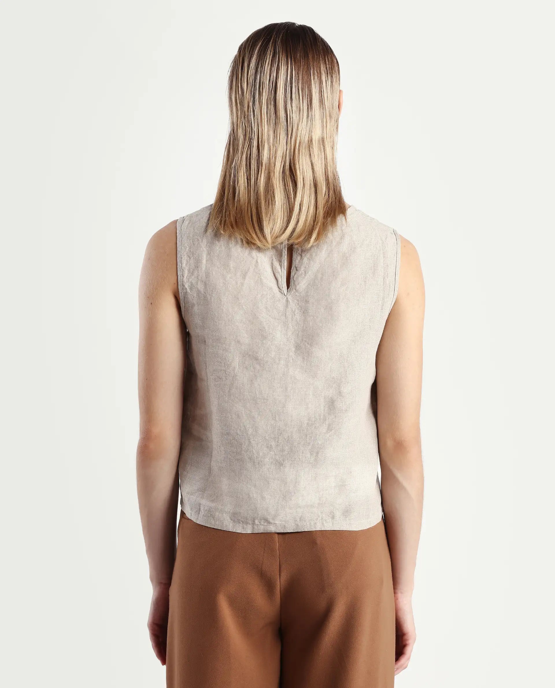 Rareism Women's Nenk Dark Beige 100% Linen Sleeveless Crew Neck Regular Fit Plain Top