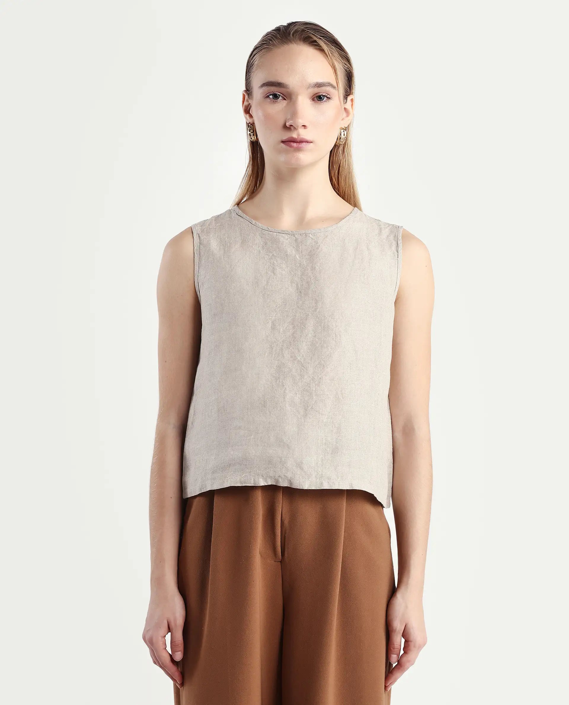 Rareism Women's Nenk Dark Beige 100% Linen Sleeveless Crew Neck Regular Fit Plain Top