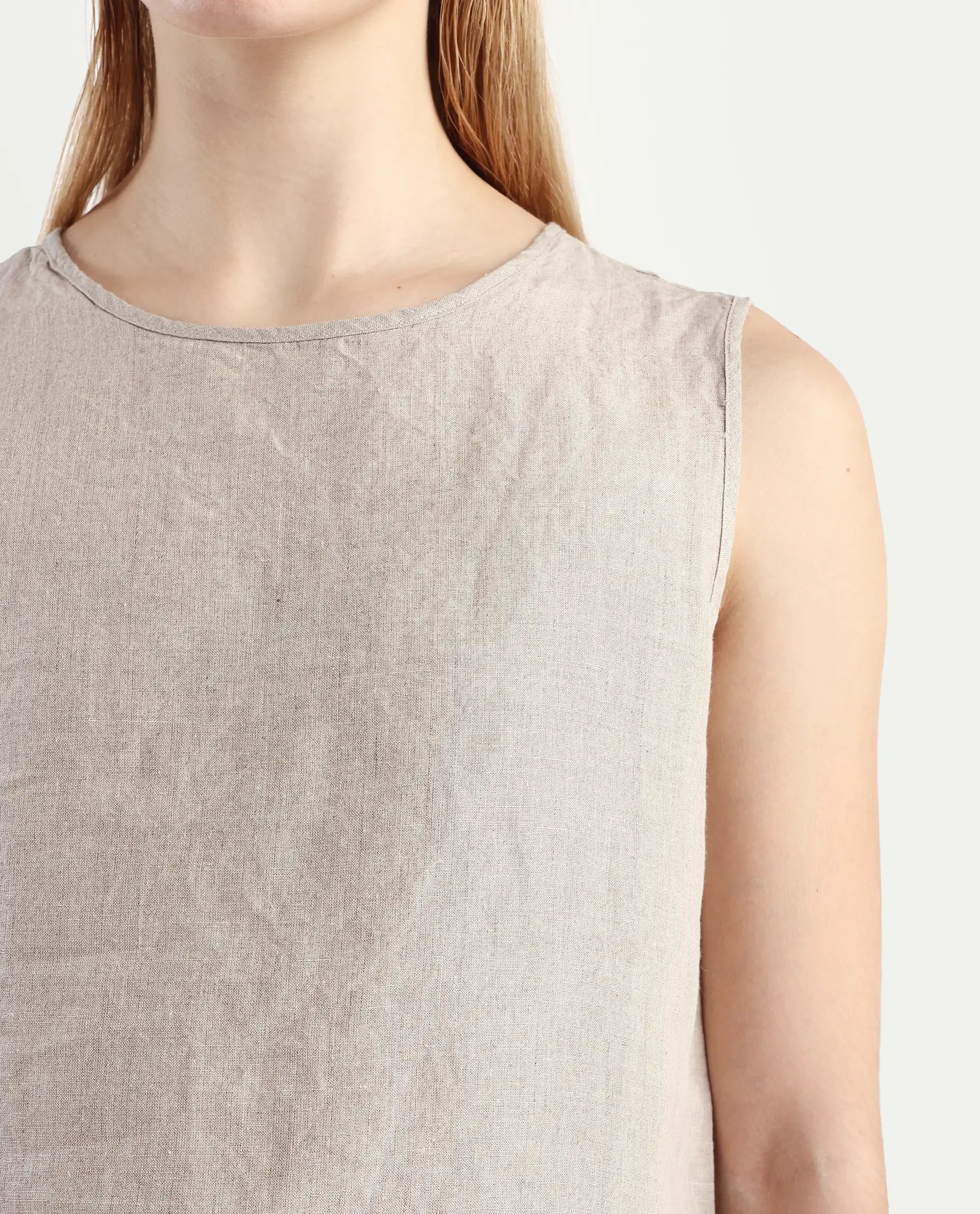 Rareism Women's Nenk Dark Beige 100% Linen Sleeveless Crew Neck Regular Fit Plain Top