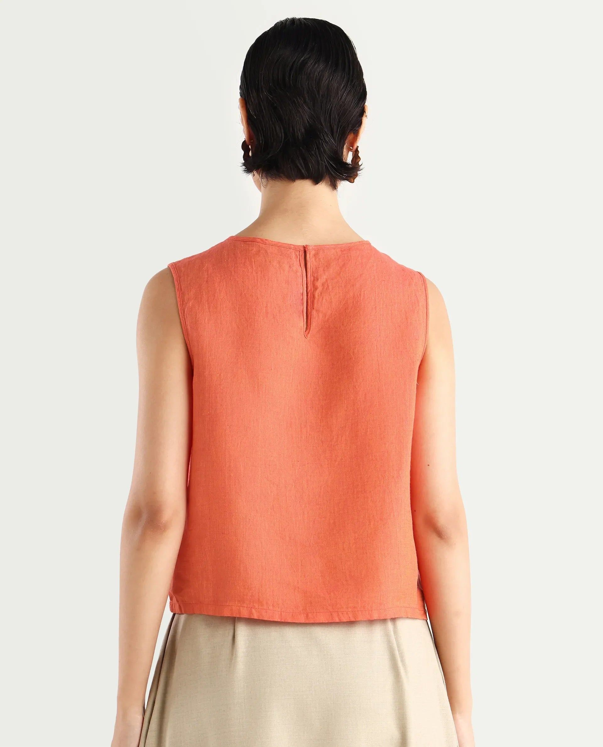 Rareism Women's Nenk Orange 100% Linen Sleeveless Crew Neck Regular Fit Plain Top