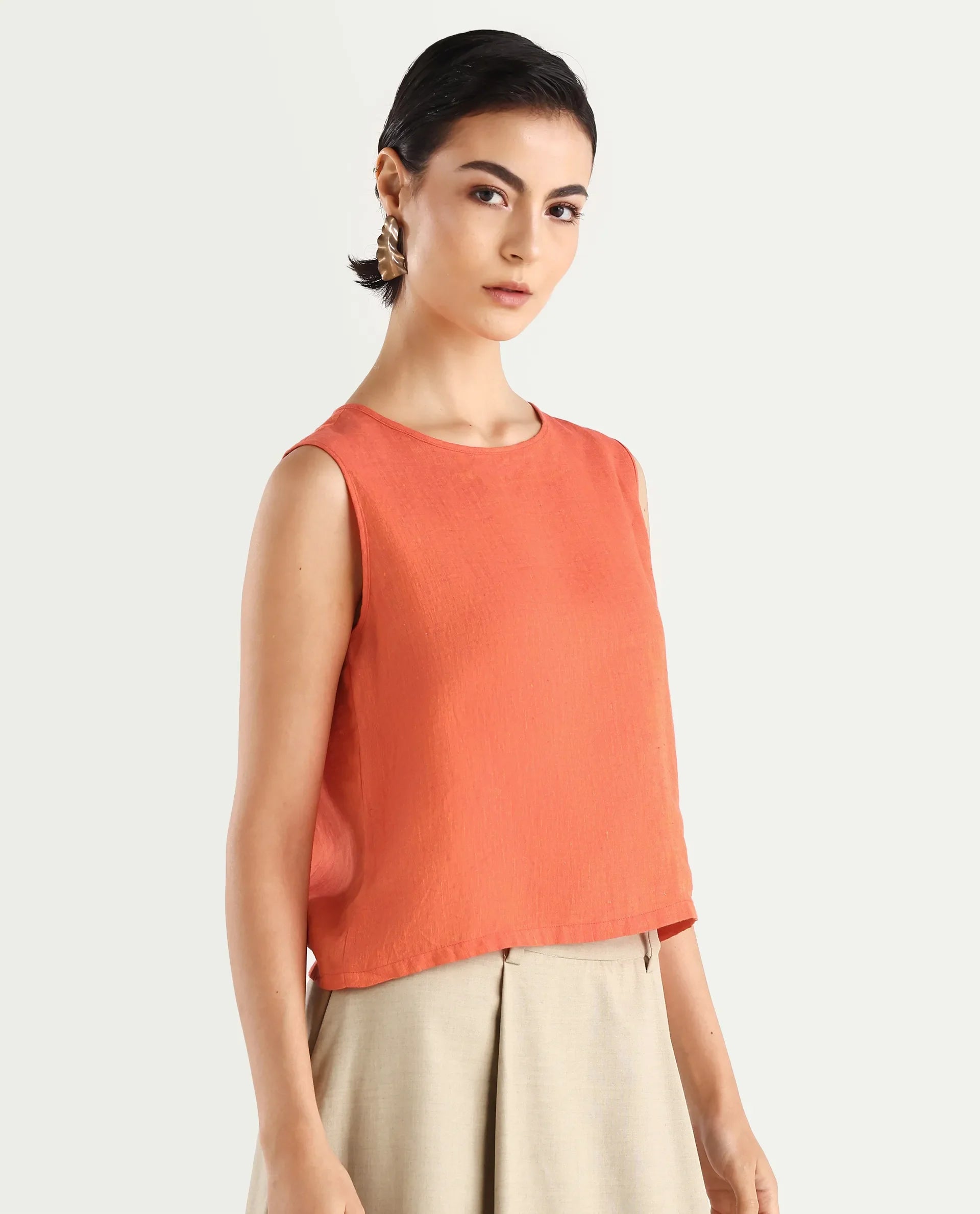 Rareism Women's Nenk Orange 100% Linen Sleeveless Crew Neck Regular Fit Plain Top