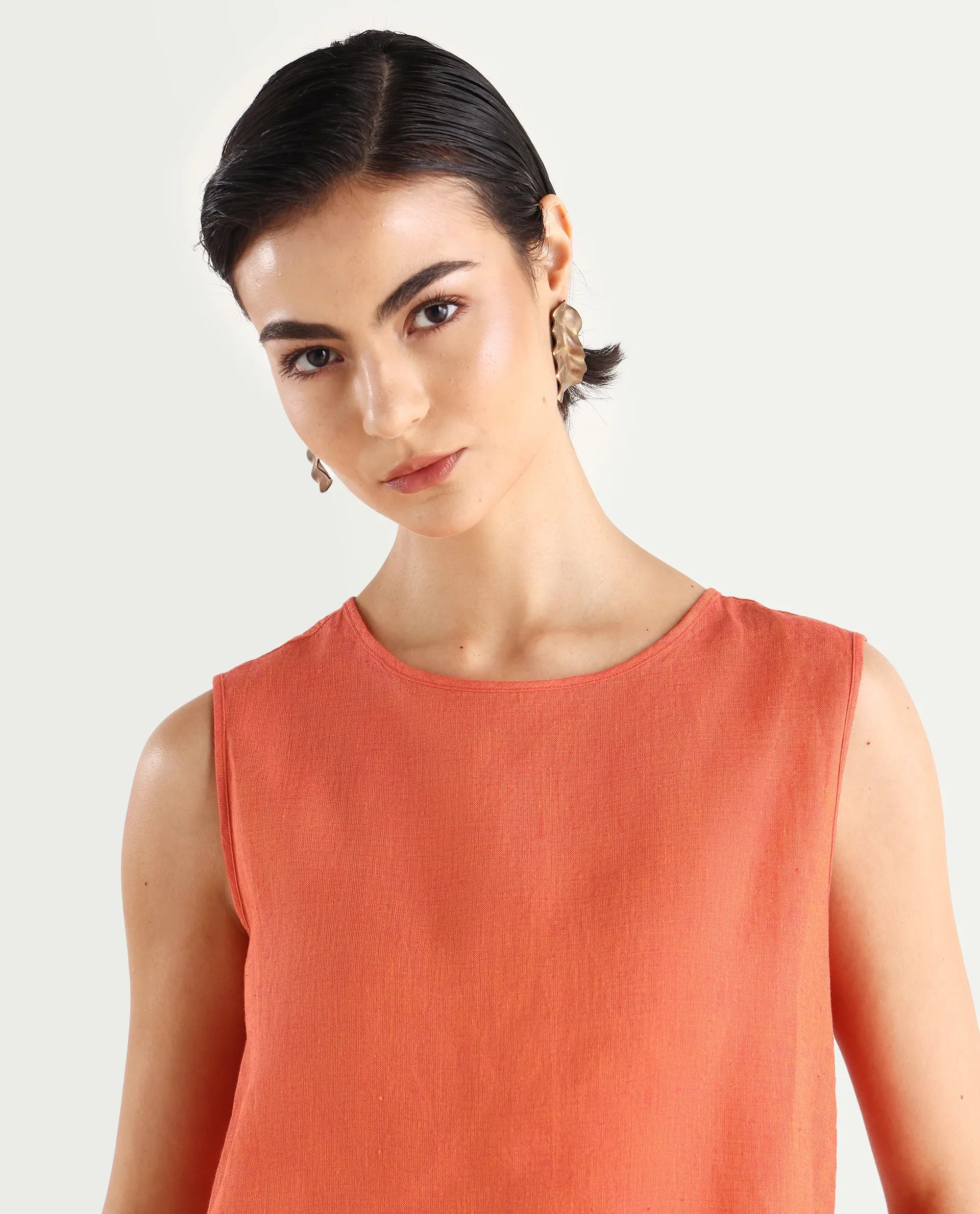 Rareism Women's Nenk Orange 100% Linen Sleeveless Crew Neck Regular Fit Plain Top