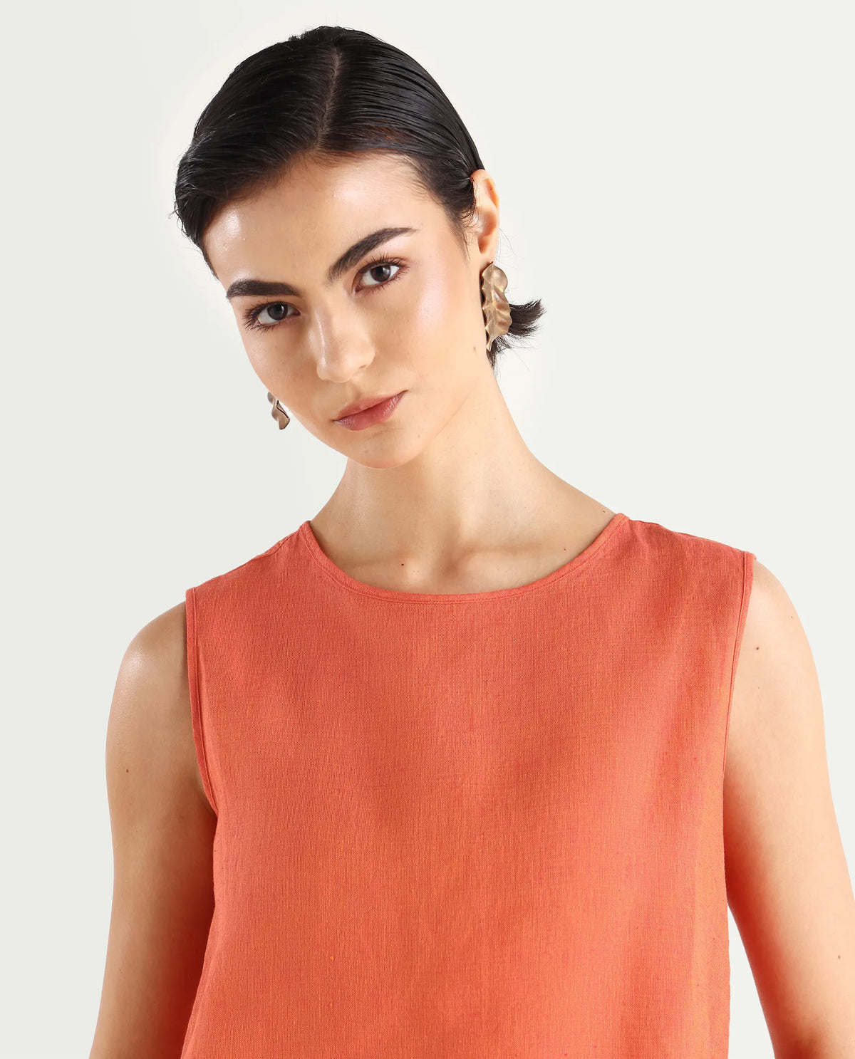 Rareism Women's Nenk Orange 100% Linen Sleeveless Crew Neck Regular Fit Plain Top