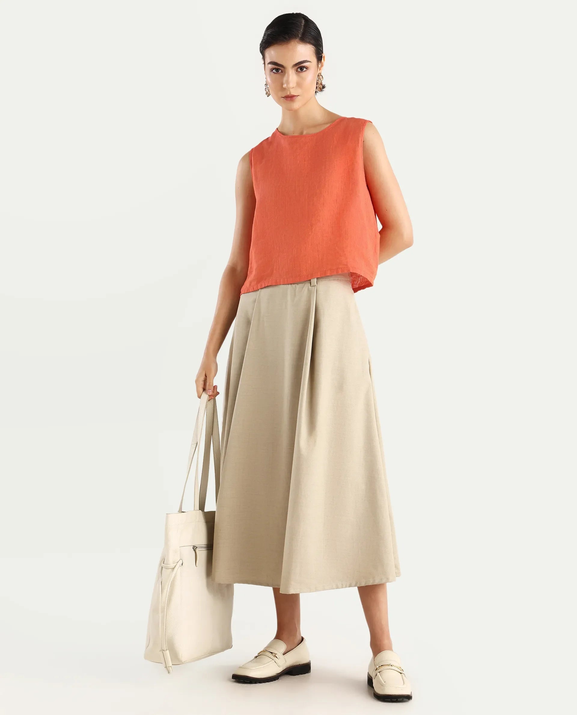 Rareism Women's Nenk Orange 100% Linen Sleeveless Crew Neck Regular Fit Plain Top