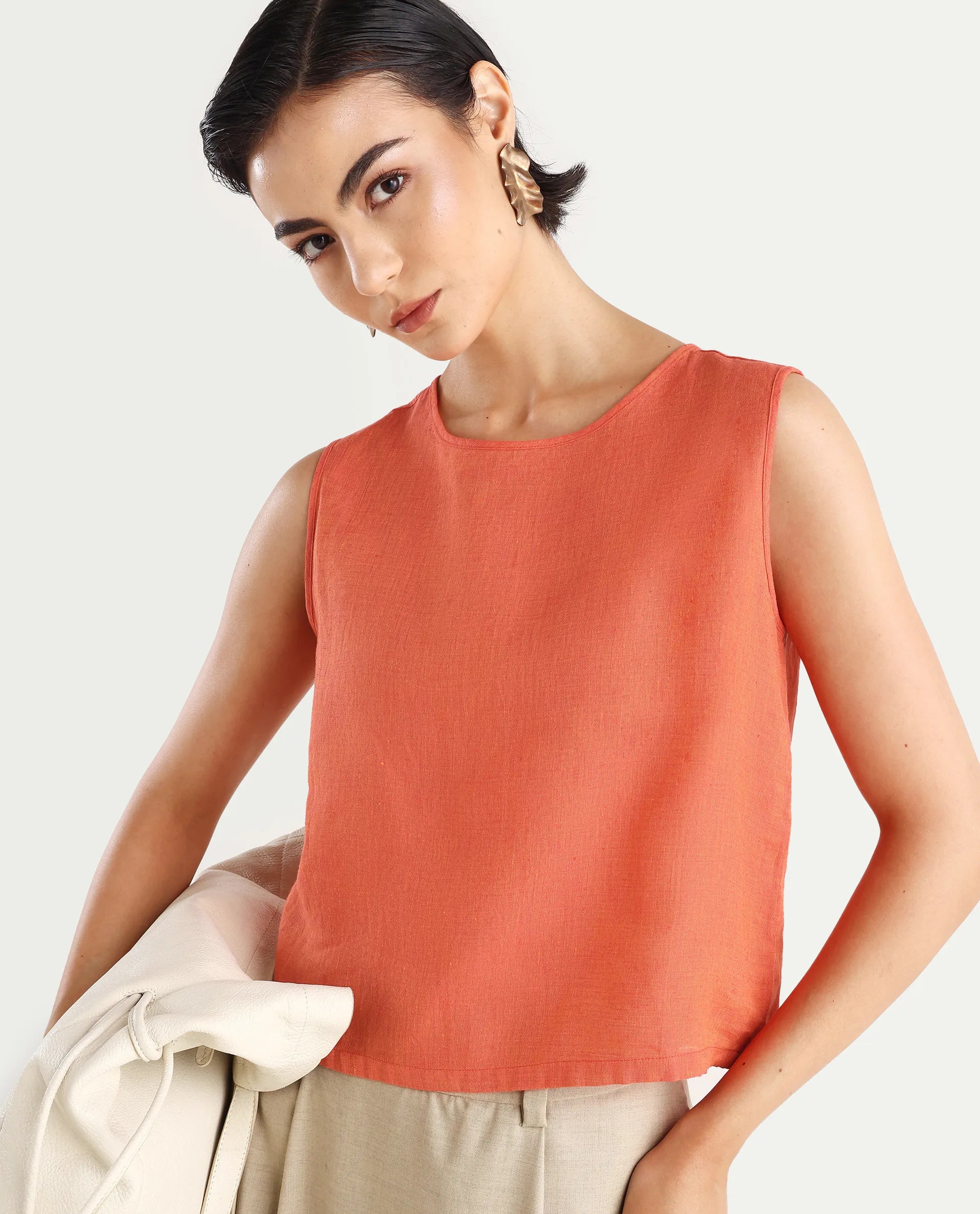 Rareism Women's Nenk Orange 100% Linen Sleeveless Crew Neck Regular Fit Plain Top