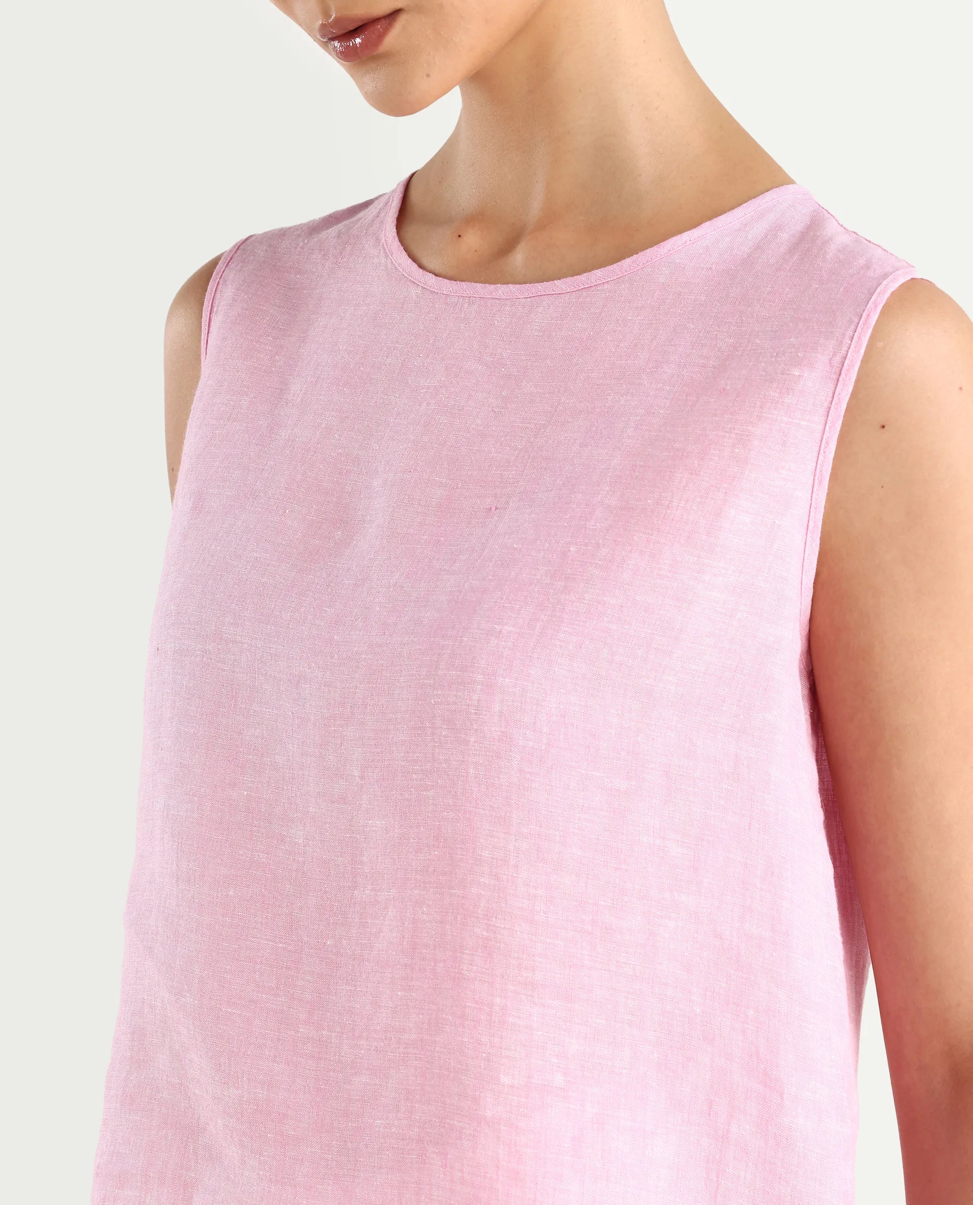 Rareism Women's Nenk Light Pink 100% Linen Sleeveless Crew Neck Regular Fit Plain Top