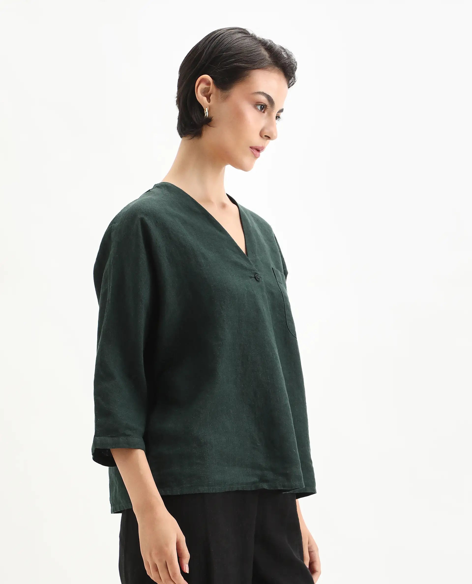 Rareism Women's Nenma Dark Green Linen Kimono Sleeve V-Neck Relaxed Fit Plain Top