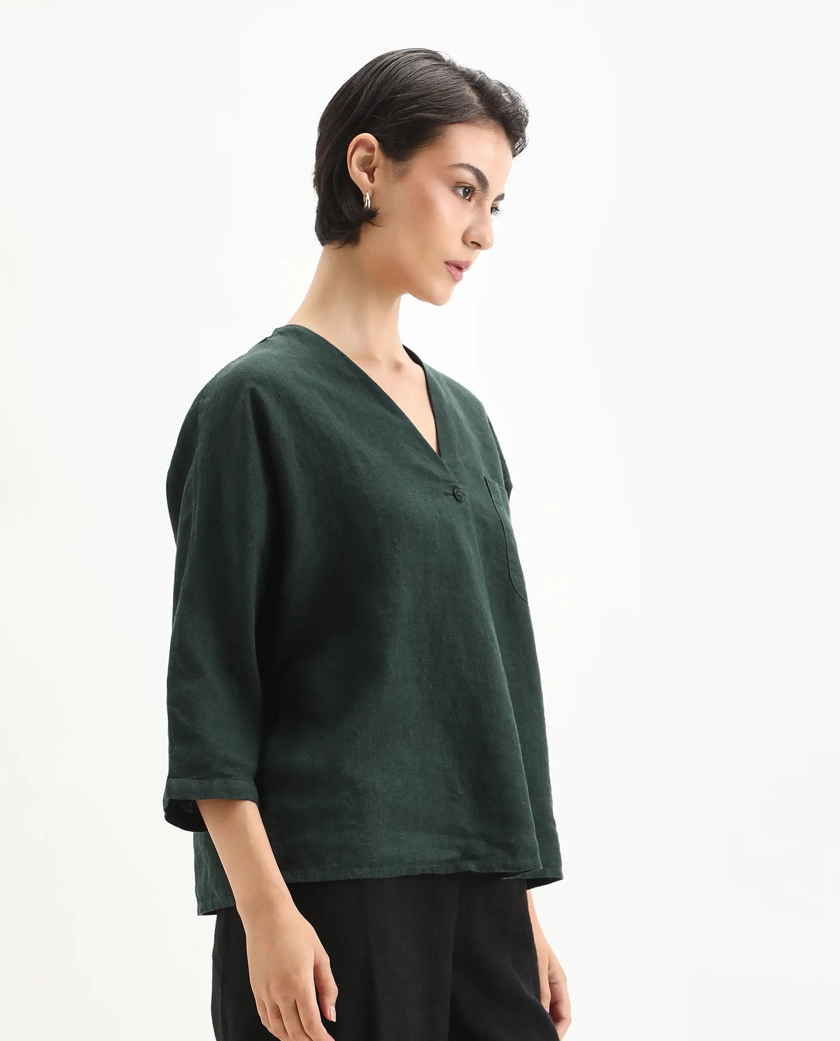 Rareism Women's Nenma Dark Green 100% Linen Kimono Sleeve V-Neck Relaxed Fit Plain Top