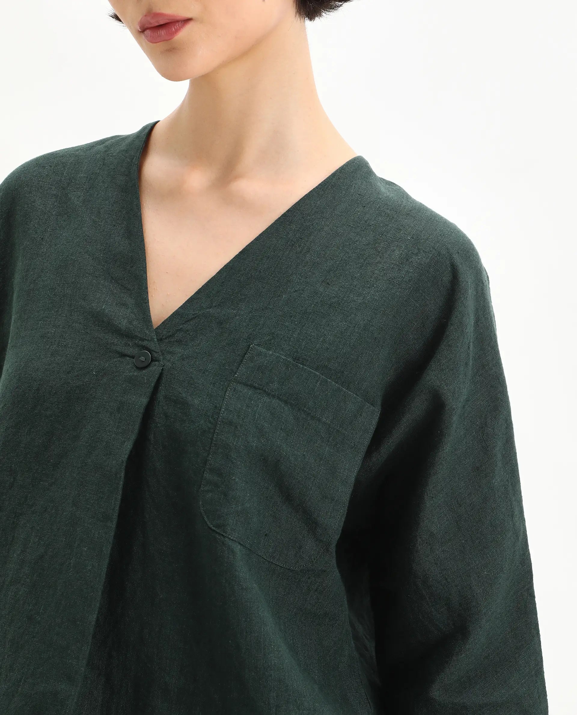 Rareism Women's Nenma Dark Green Linen Kimono Sleeve V-Neck Relaxed Fit Plain Top