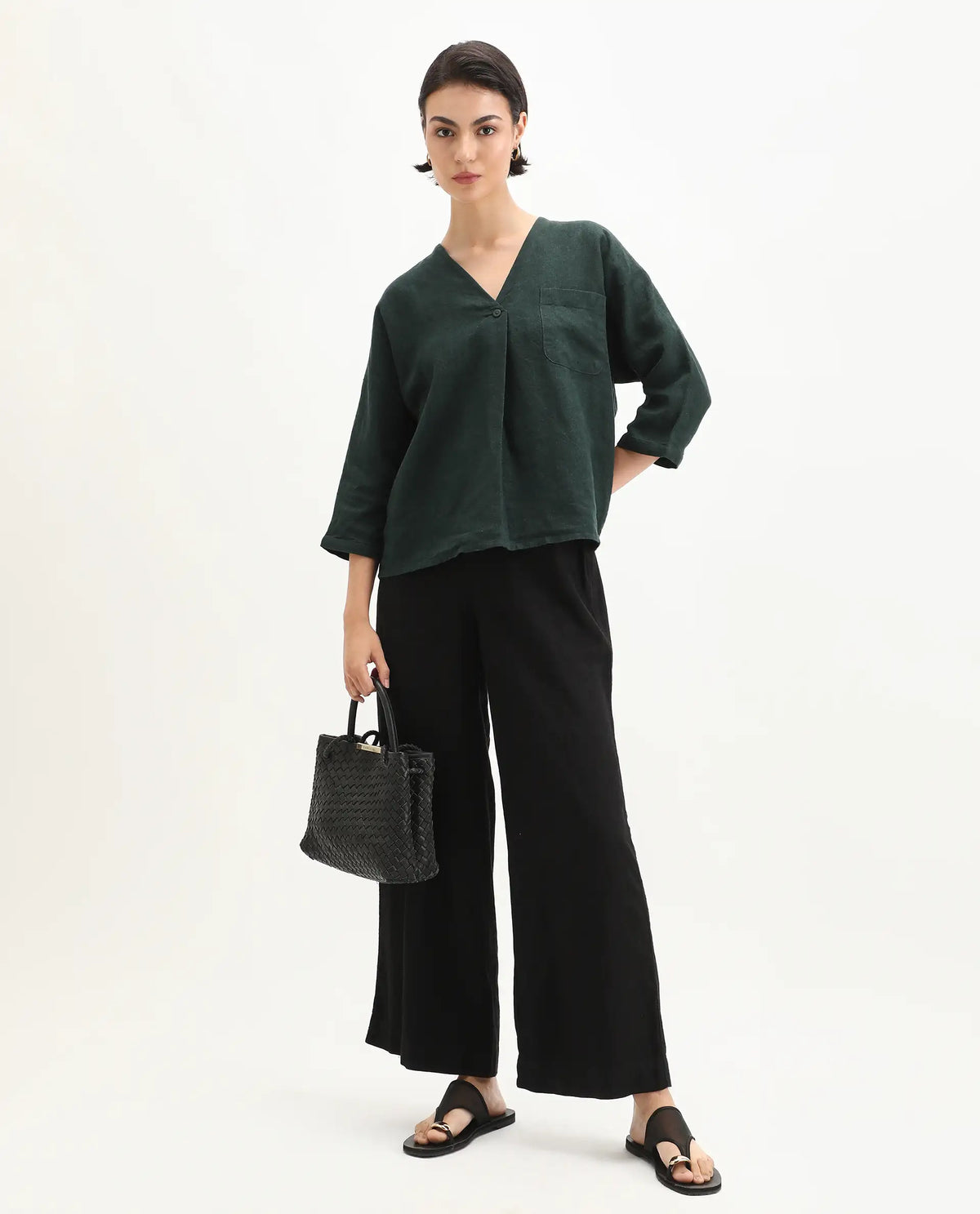 Rareism Women's Nenma Dark Green 100% Linen Kimono Sleeve V-Neck Relaxed Fit Plain Top