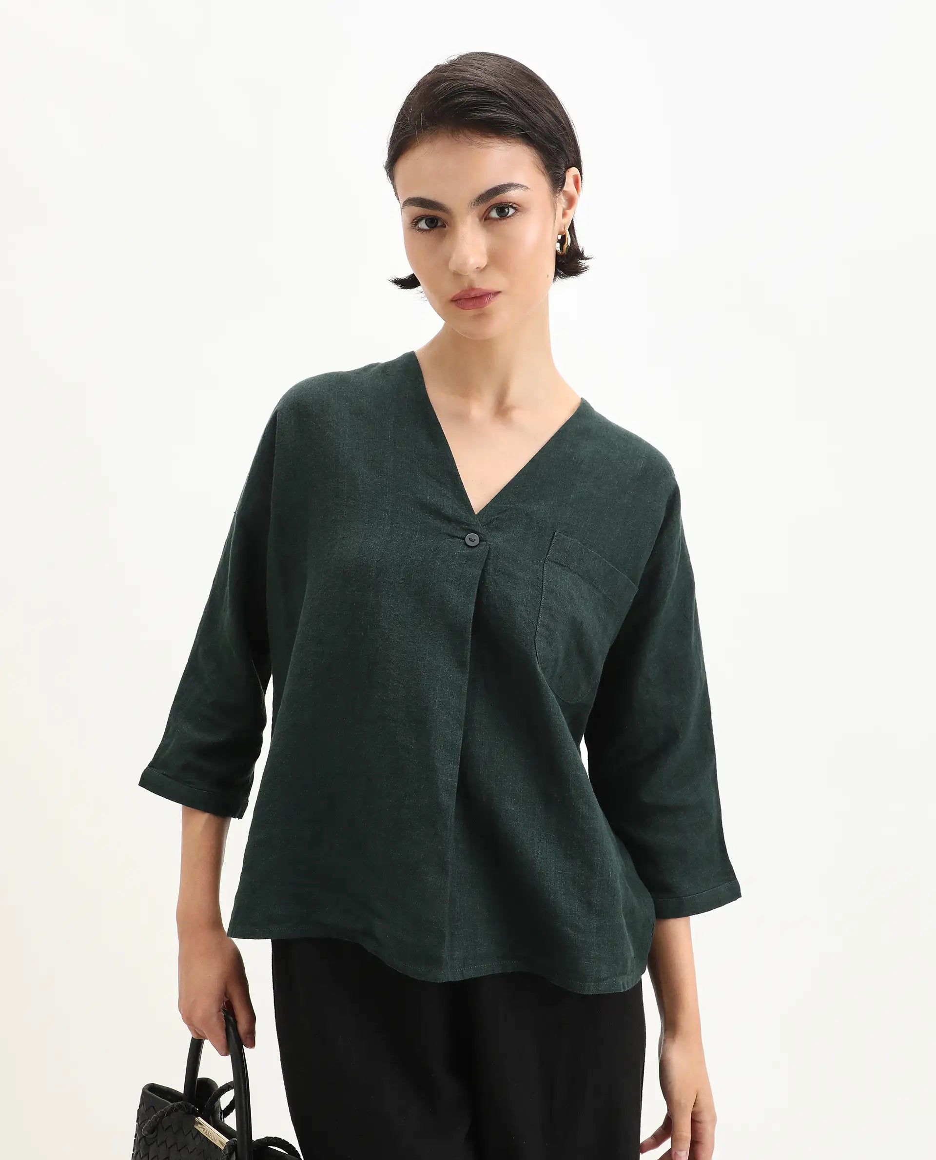 Rareism Women's Nenma Dark Green Linen Kimono Sleeve V-Neck Relaxed Fit Plain Top