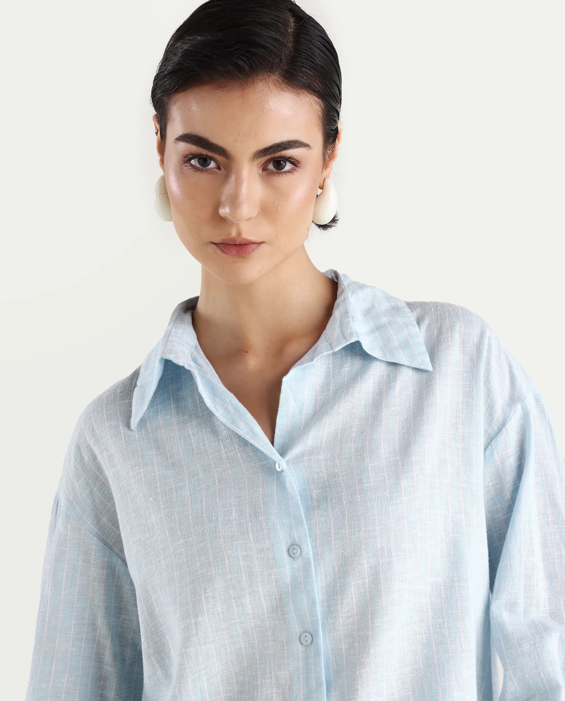 Rareism Women's Nenora Light Blue 100% Linen Spread Collar Boxy Fit Shirt