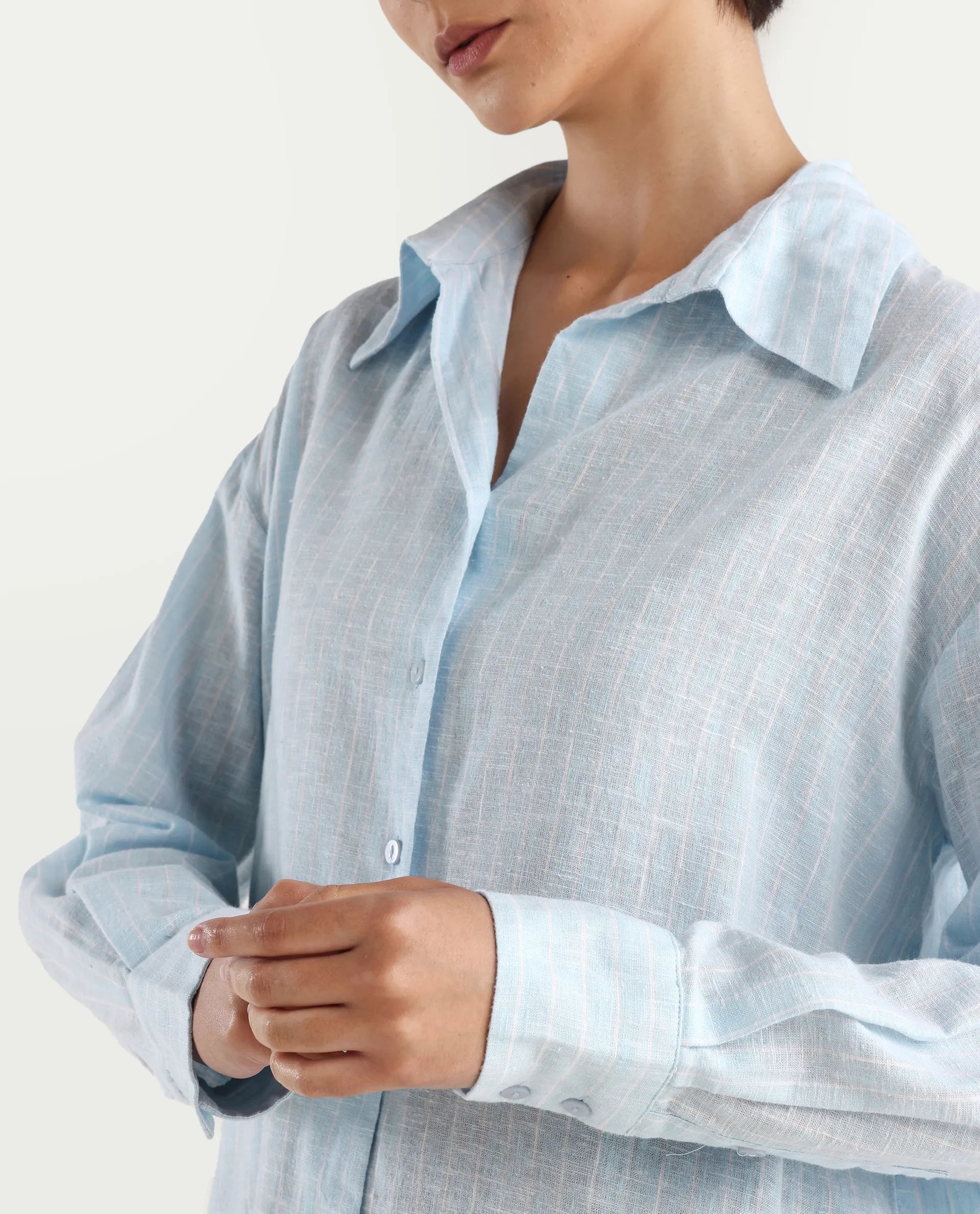 Rareism Women's Nenora Light Blue 100% Linen Spread Collar Boxy Fit Shirt