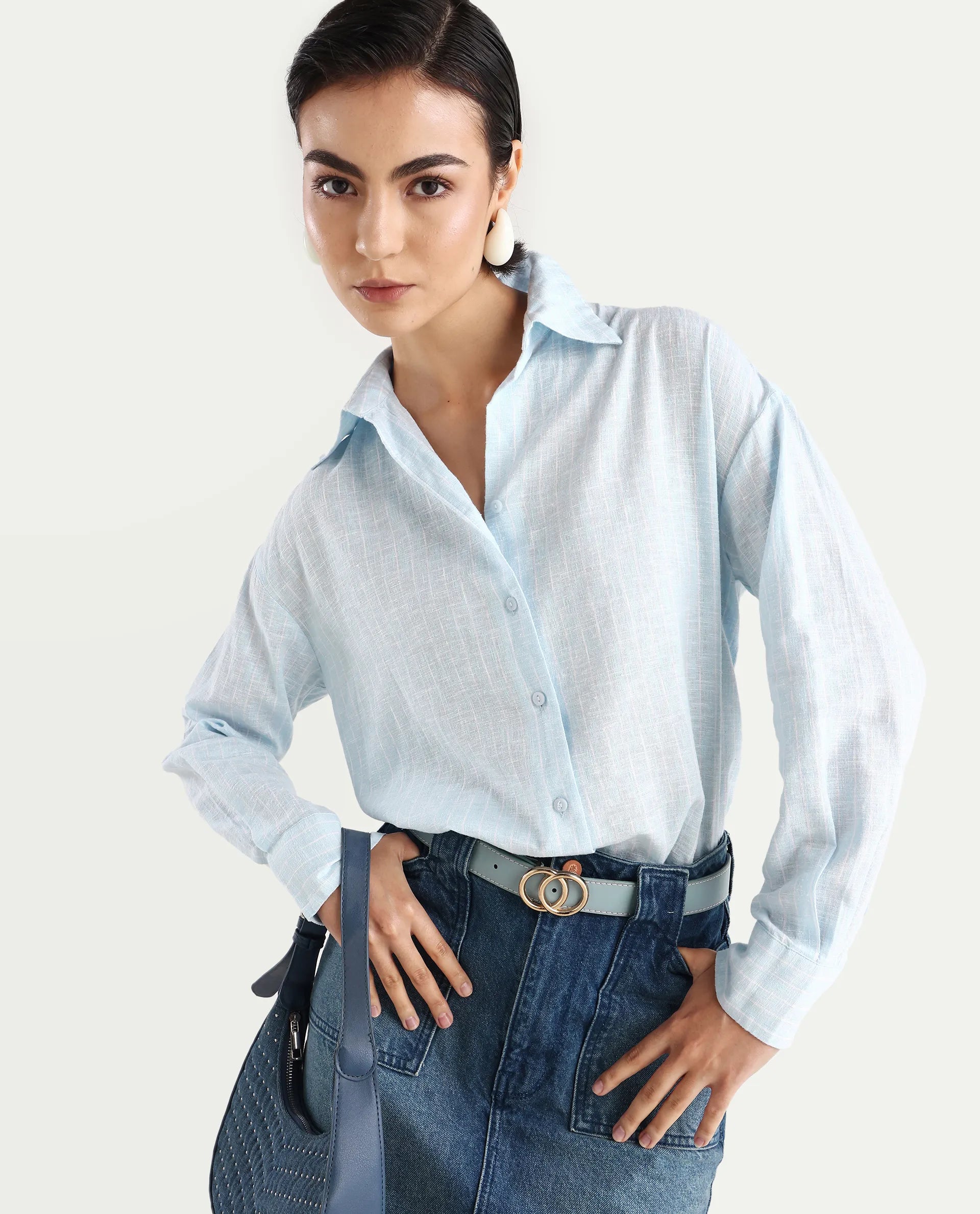 Rareism Women's Nenora Light Blue 100% Linen Spread Collar Boxy Fit Shirt