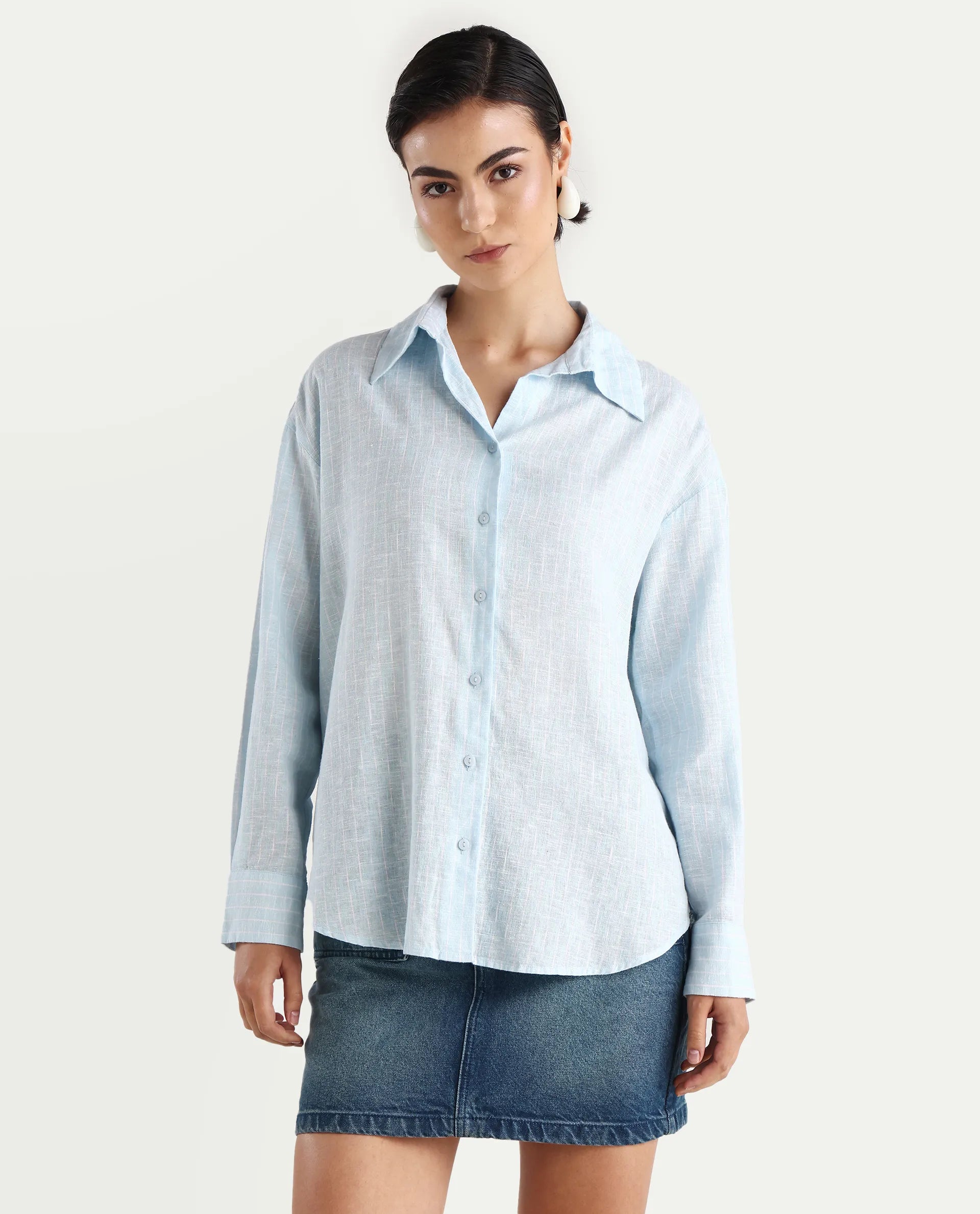 Rareism Women's Nenora Light Blue 100% Linen Spread Collar Boxy Fit Shirt
