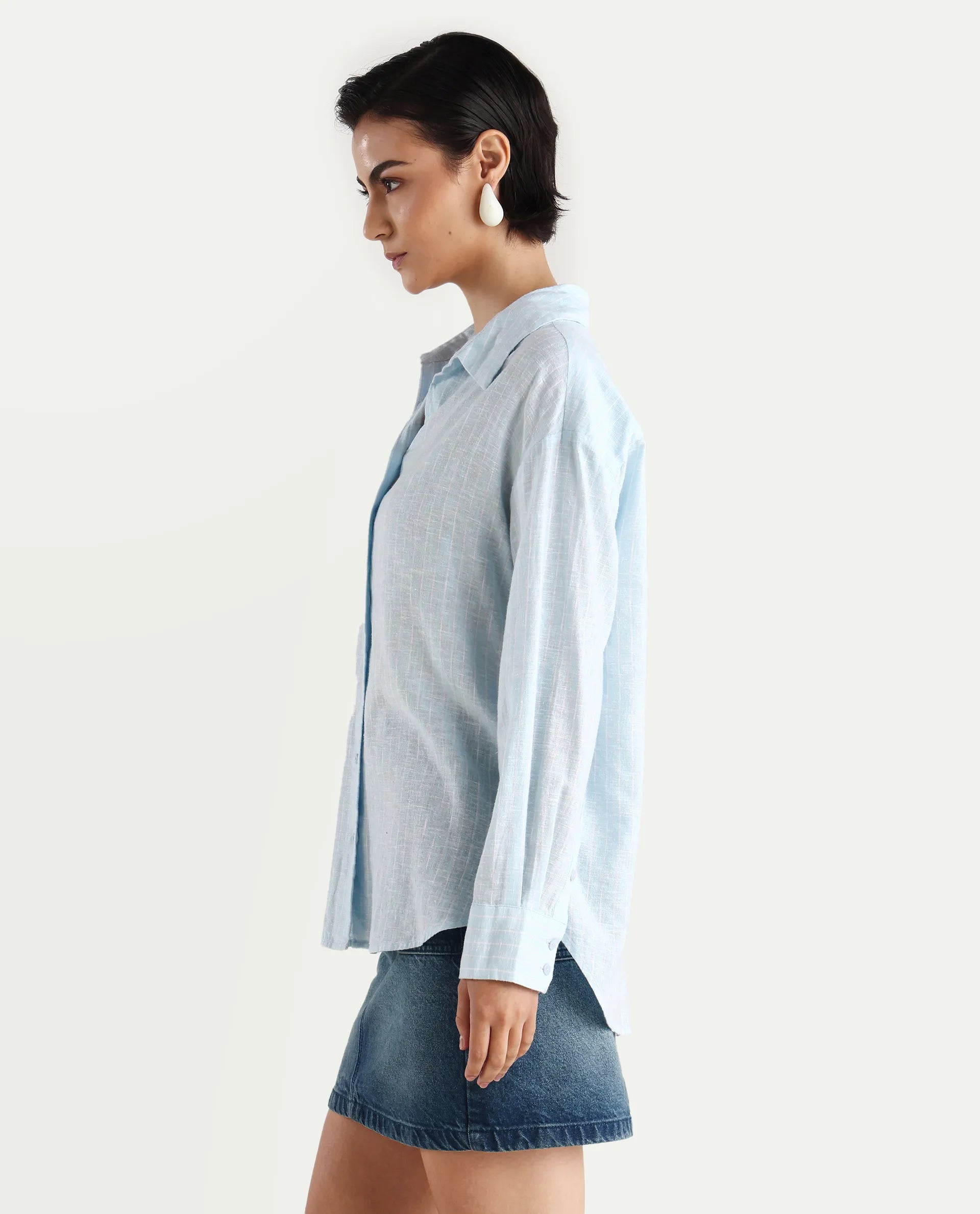 Rareism Women's Nenora Light Blue 100% Linen Spread Collar Boxy Fit Shirt