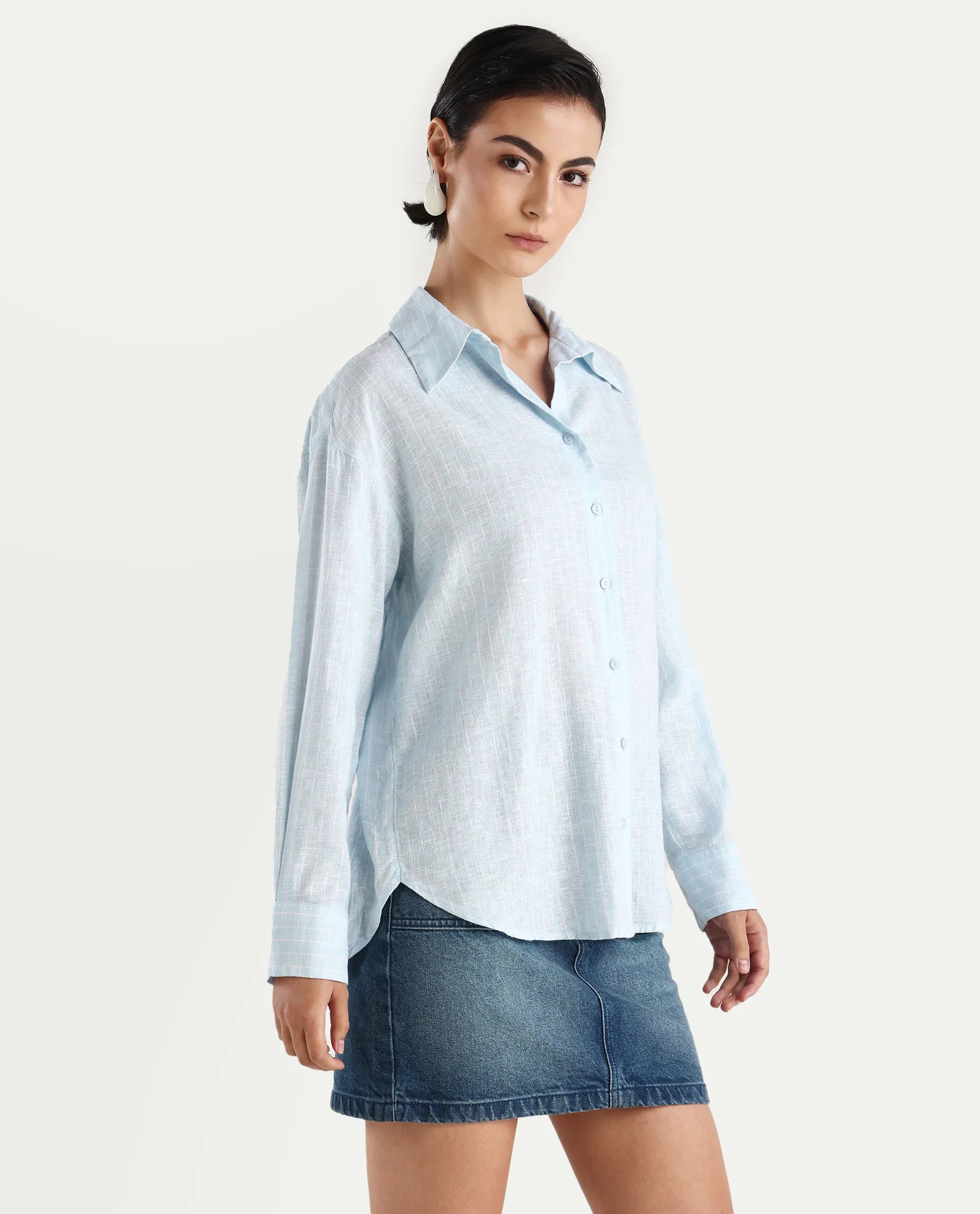 Rareism Women's Nenora Light Blue 100% Linen Spread Collar Boxy Fit Shirt