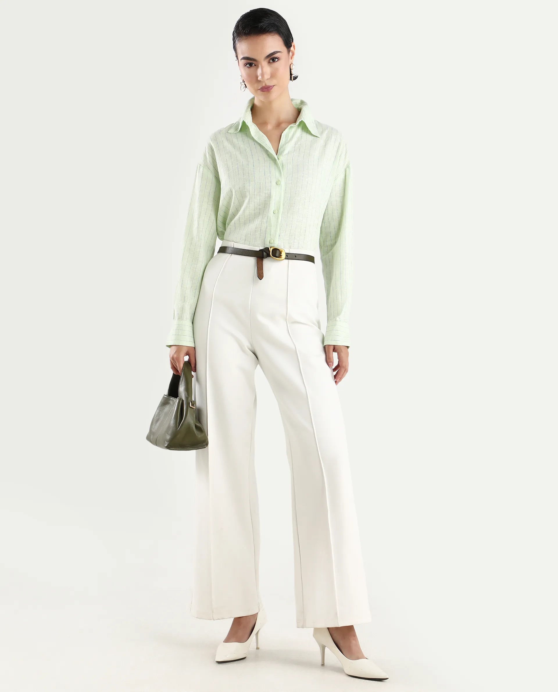 Rareism Women's Nenora Light Green Linen Spread Collar Boxy Fit Shirt