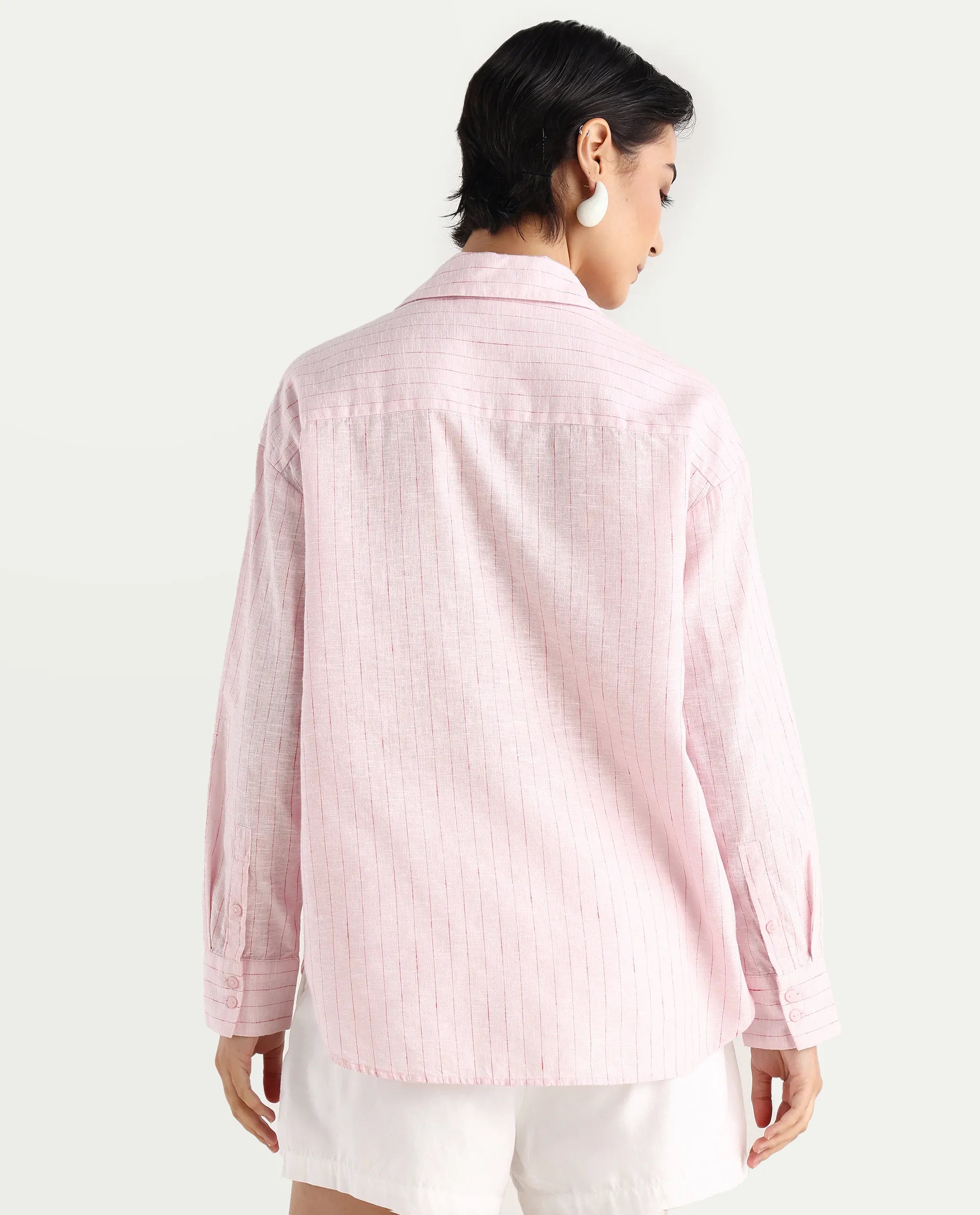 Rareism Women's Nenora Light Pink 100% Linen Spread Collar Boxy Fit Shirt