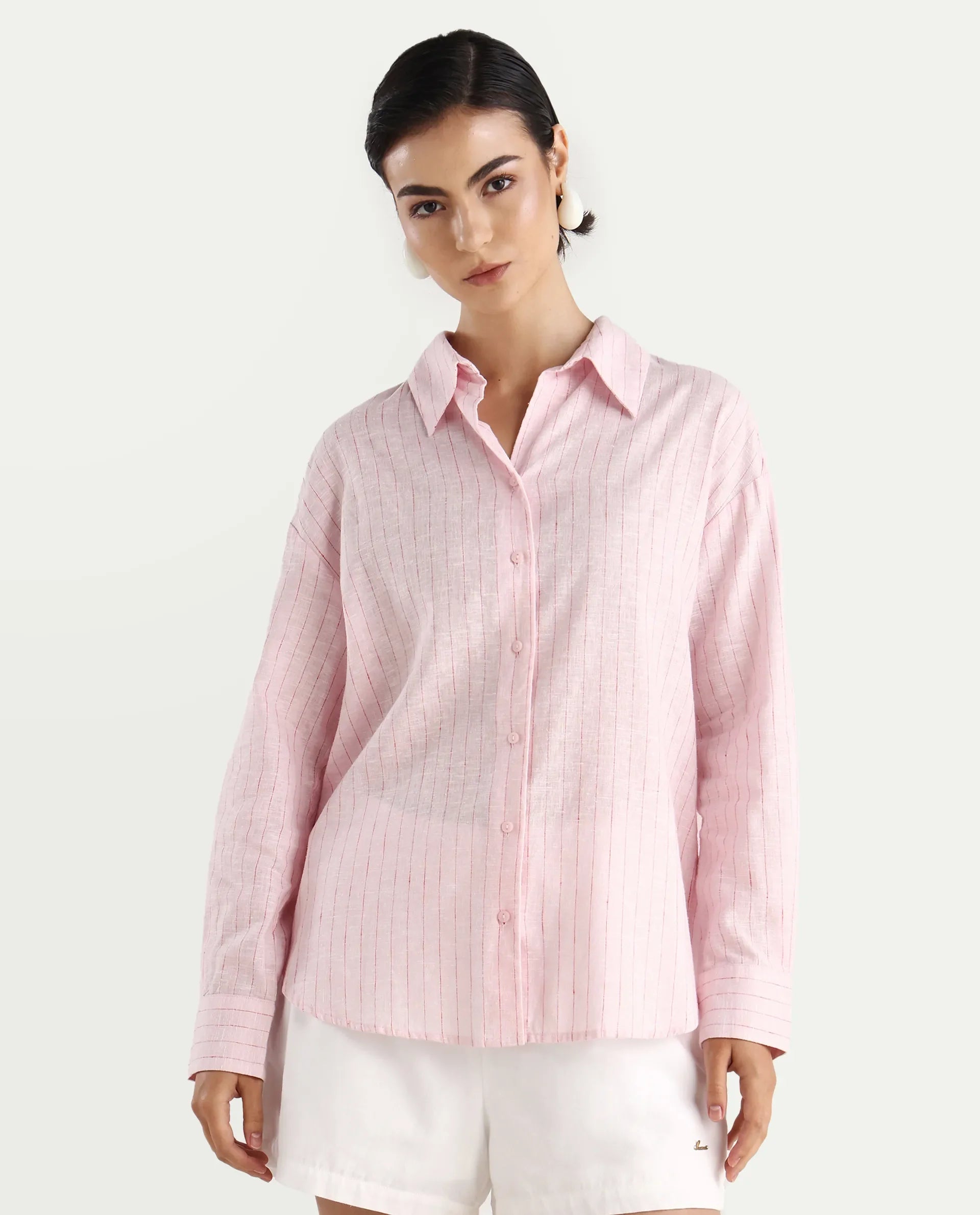 Rareism Women's Nenora Light Pink 100% Linen Spread Collar Boxy Fit Shirt