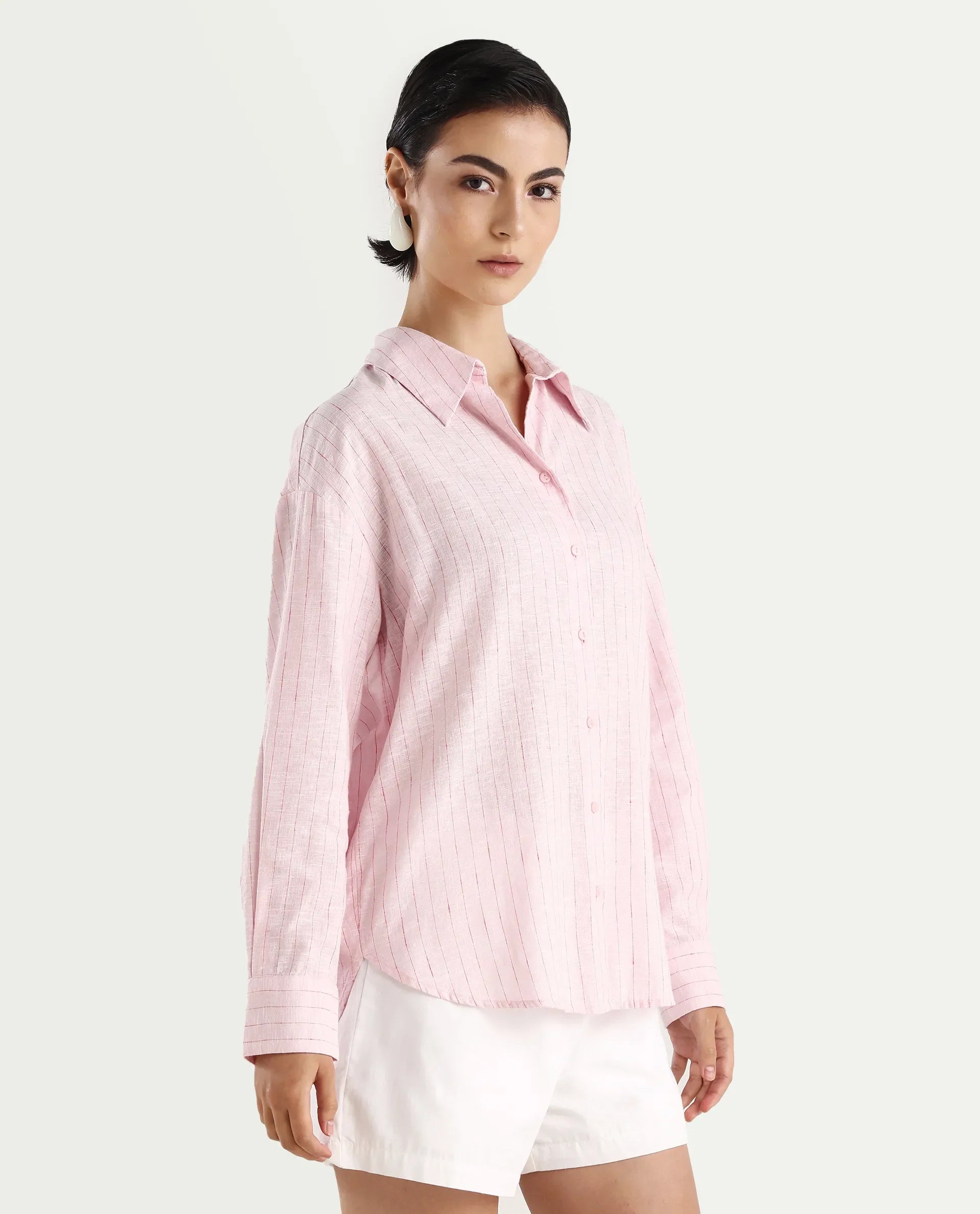 Rareism Women's Nenora Light Pink 100% Linen Spread Collar Boxy Fit Shirt