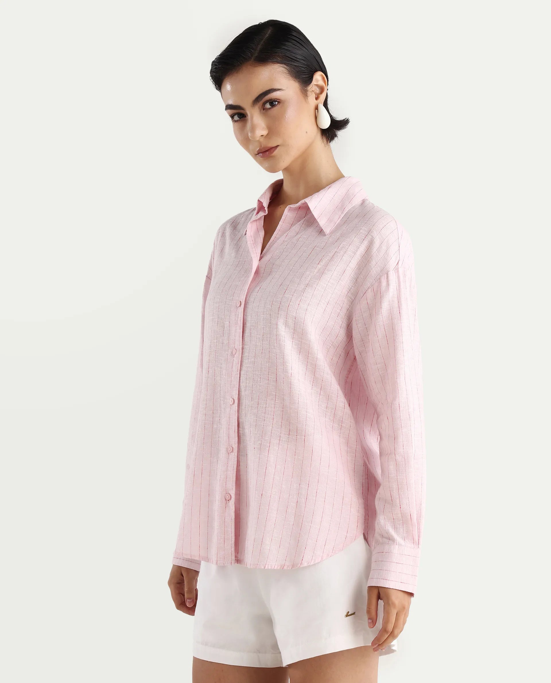 Rareism Women's Nenora Light Pink 100% Linen Spread Collar Boxy Fit Shirt
