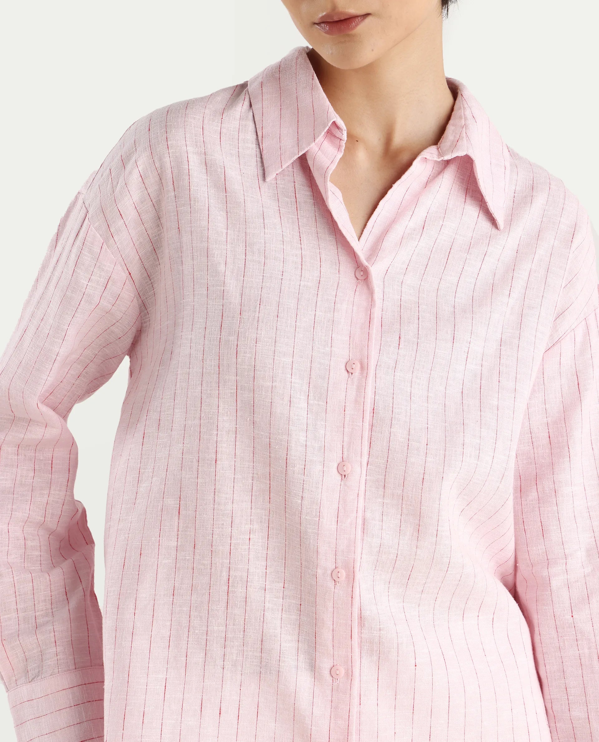 Rareism Women's Nenora Light Pink 100% Linen Spread Collar Boxy Fit Shirt