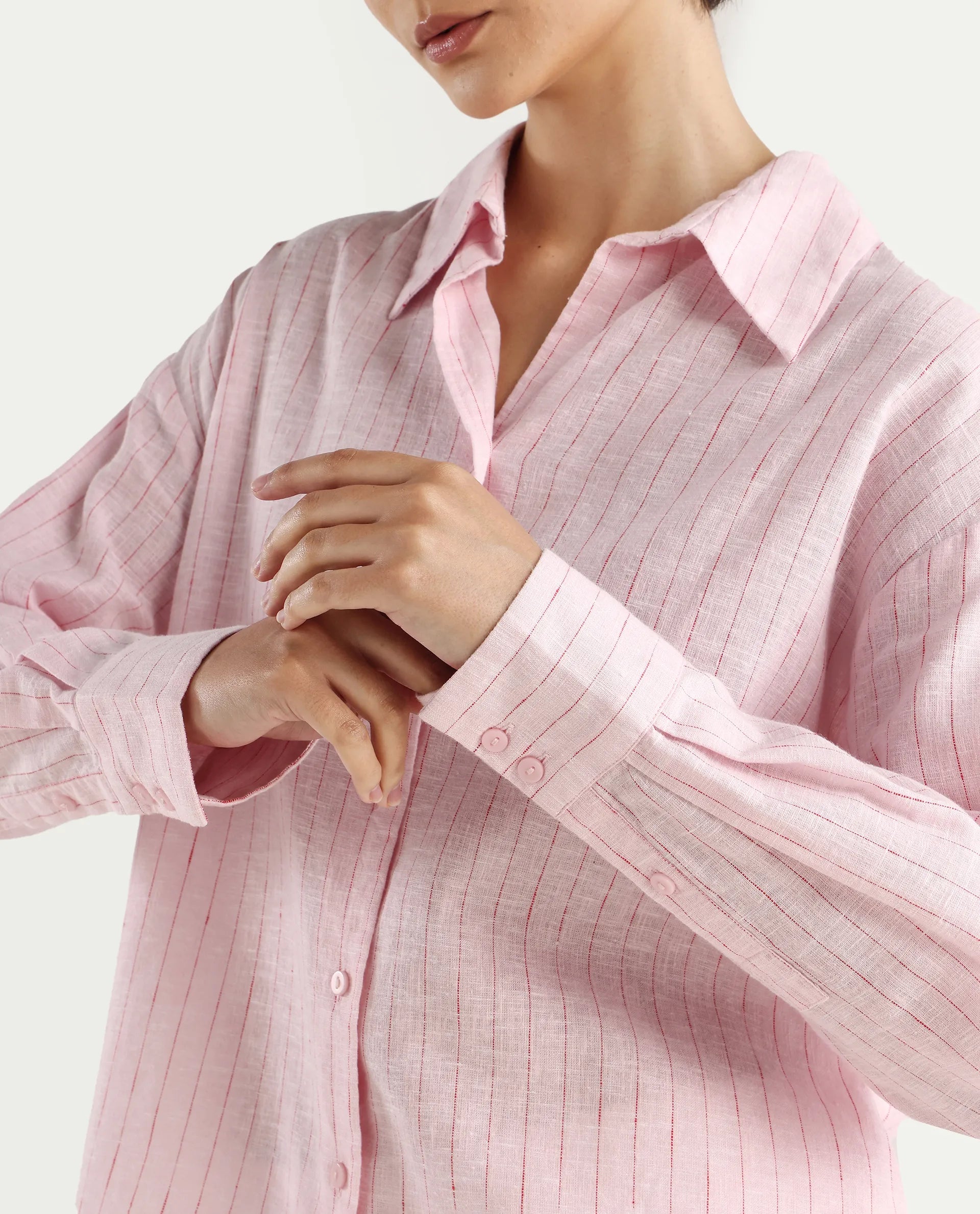 Rareism Women's Nenora Light Pink 100% Linen Spread Collar Boxy Fit Shirt