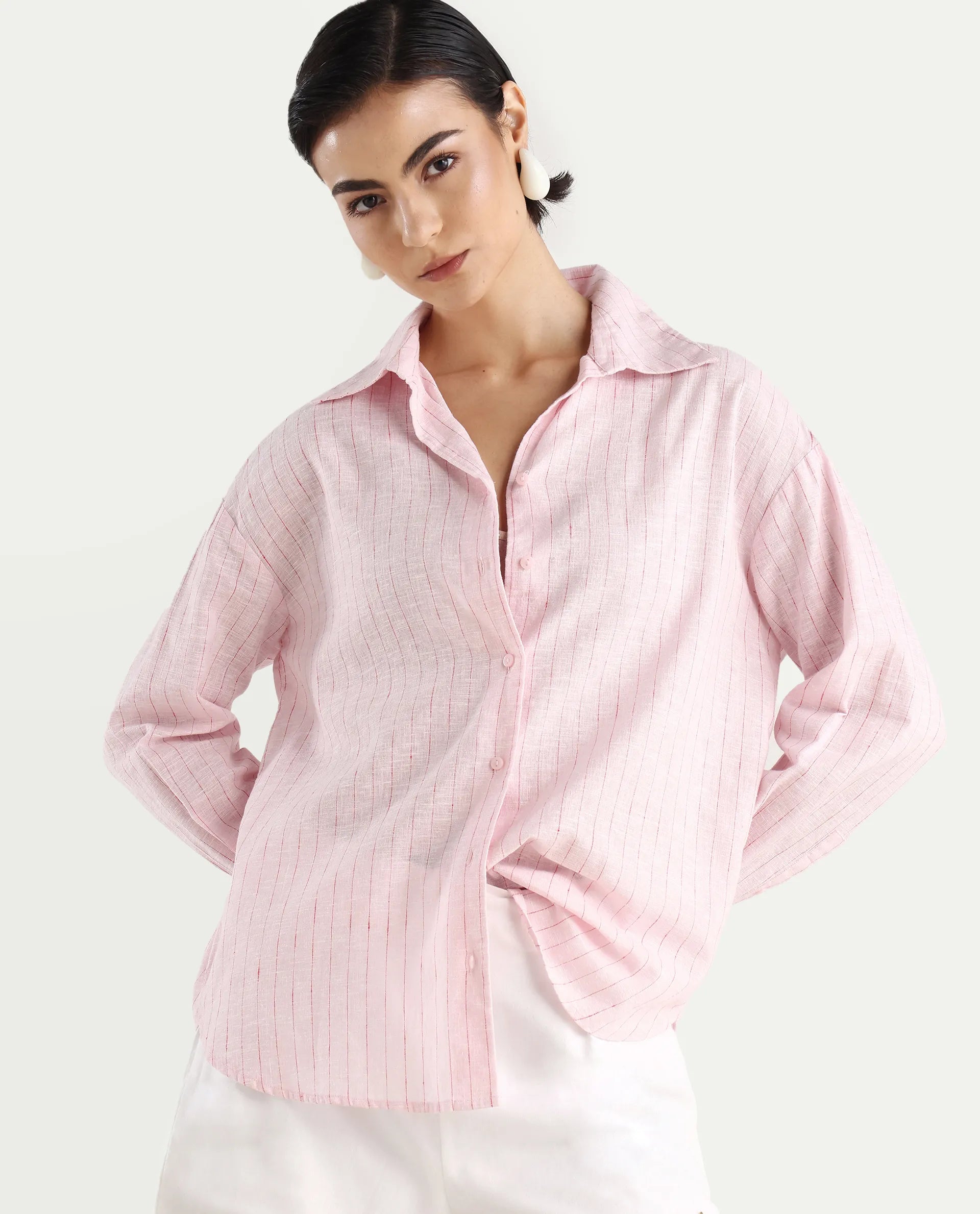 Rareism Women's Nenora Light Pink 100% Linen Spread Collar Boxy Fit Shirt
