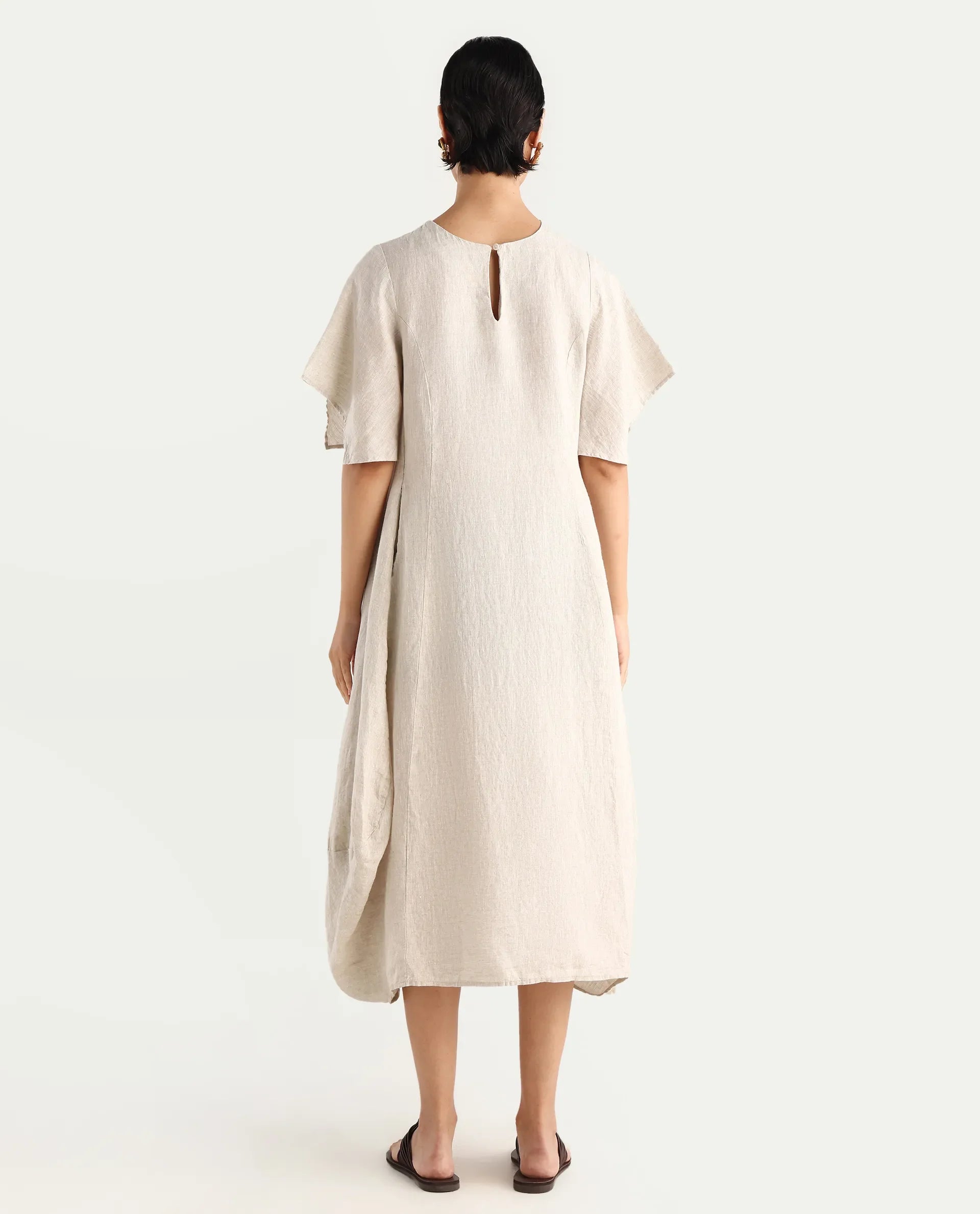 Rareism Women's Nensy Dark Beige 100% Linen Crew Neck Relaxed Fit Plain Dress