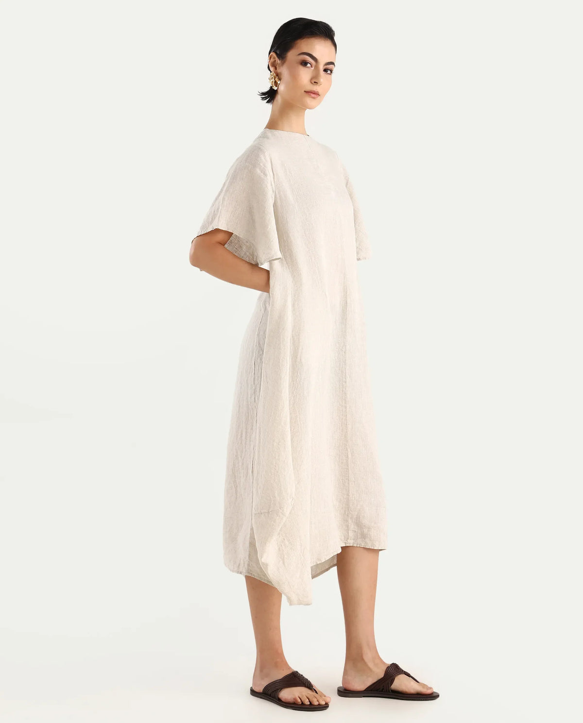 Rareism Women's Nensy Dark Beige 100% Linen Crew Neck Relaxed Fit Plain Dress