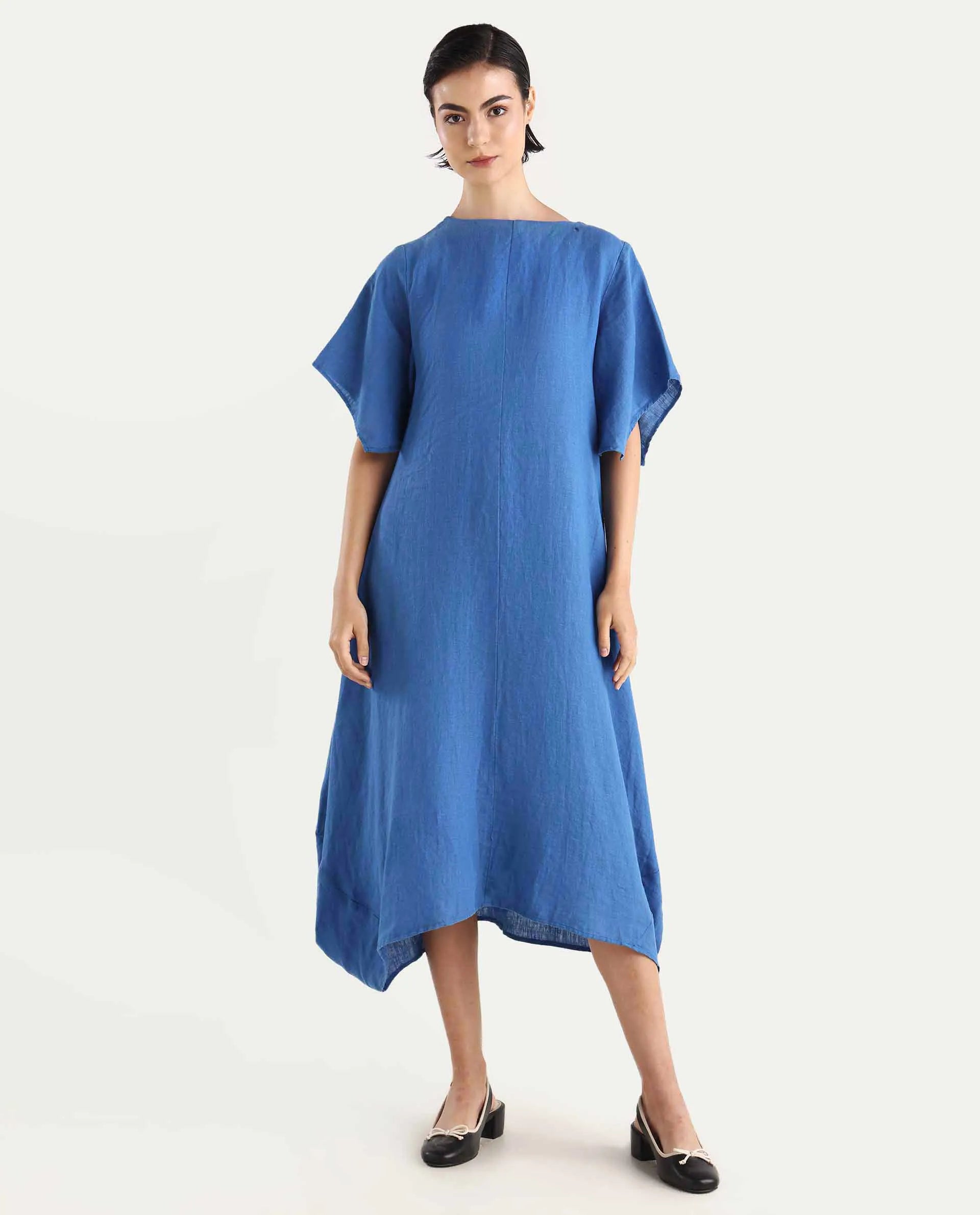 Rareism Women's Nensyt Blue 100% Linen Crew Neck Relaxed Fit Plain Dress