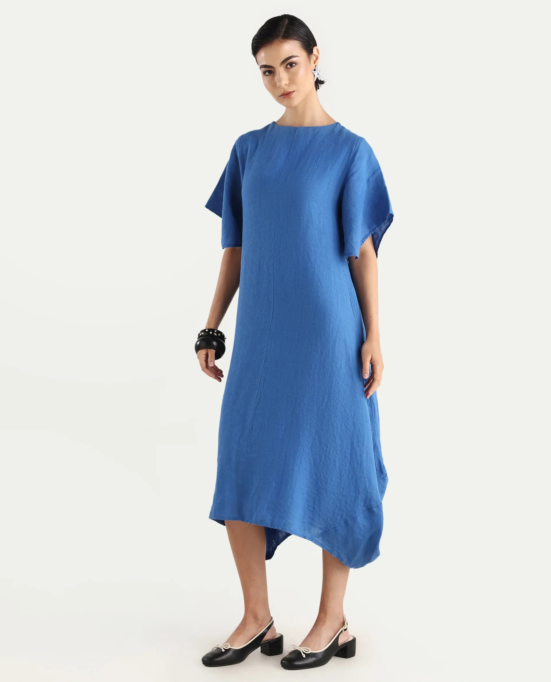 Rareism Women's Nensyt Blue 100% Linen Crew Neck Relaxed Fit Plain Dress