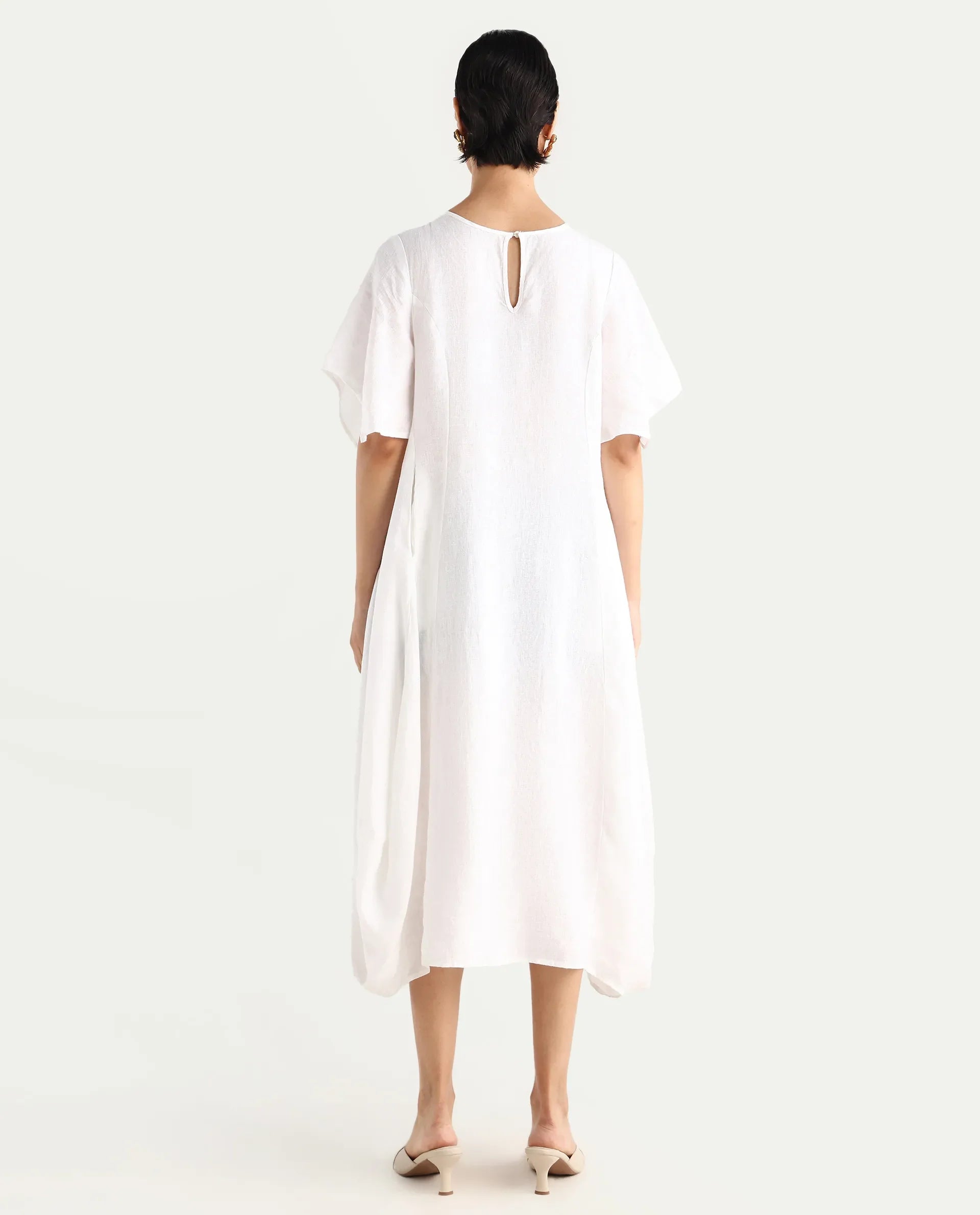 Rareism Women's Nensy White Linen Crew Neck Relaxed Fit Plain Dress