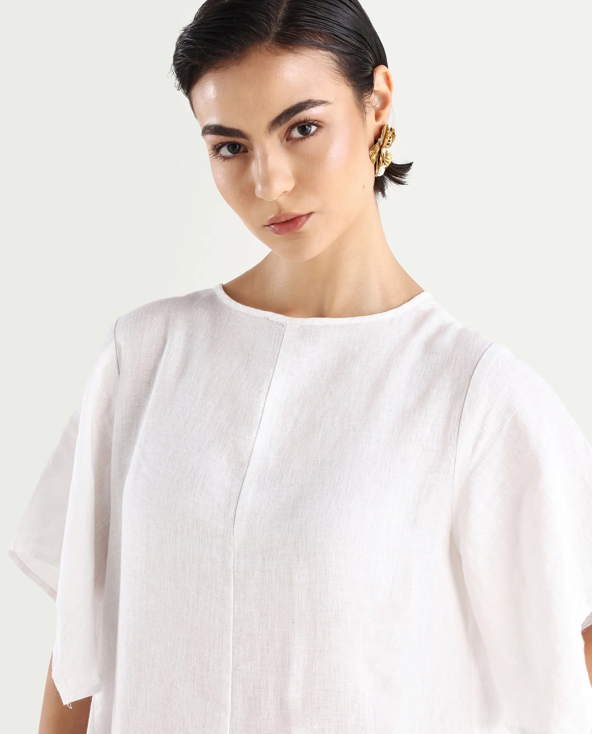 Rareism Women's Nensy White Linen Crew Neck Relaxed Fit Plain Dress