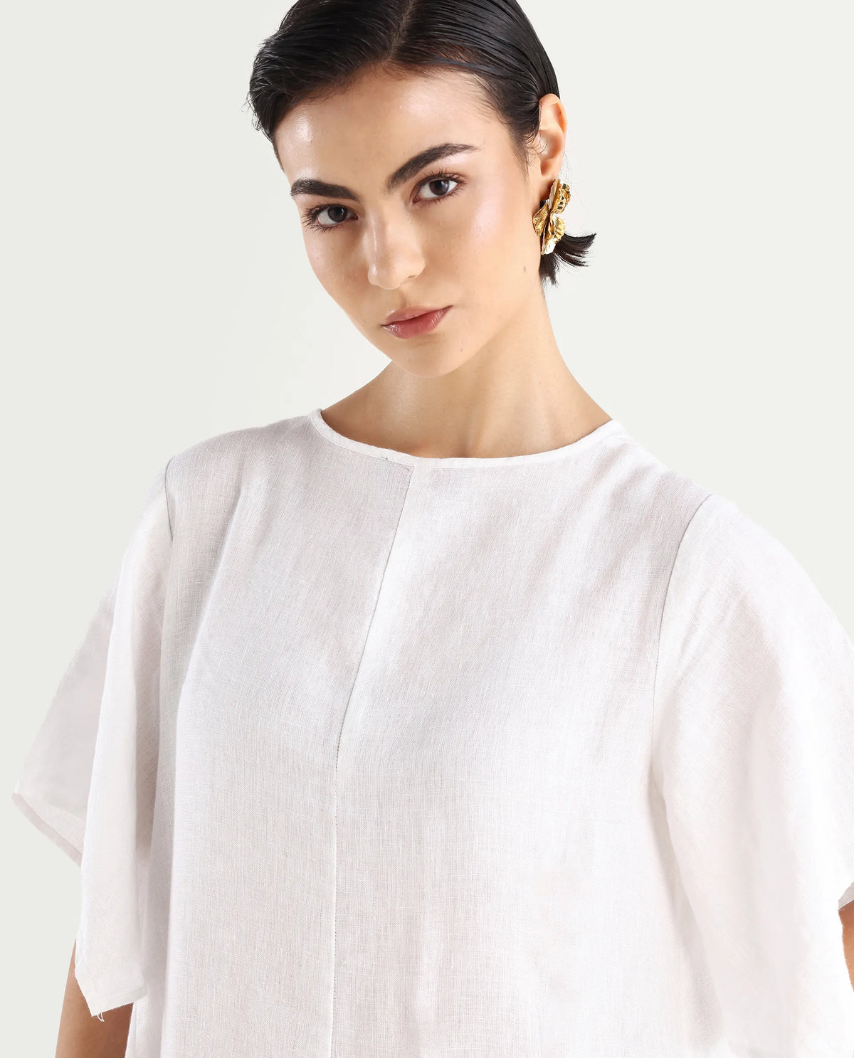 Rareism Women's Nensy White 100% Linen Crew Neck Relaxed Fit Plain Dress