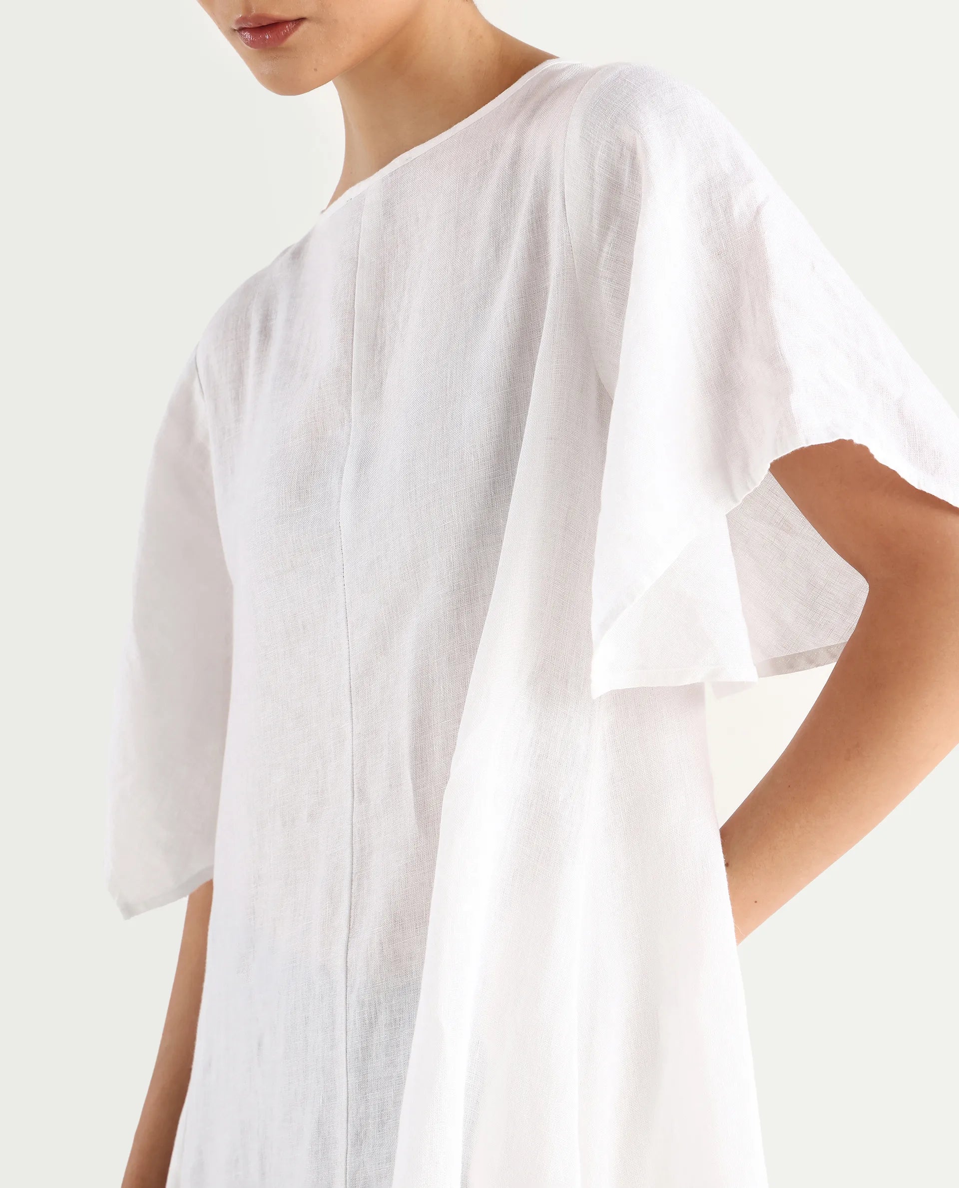 Rareism Women's Nensy White Linen Crew Neck Relaxed Fit Plain Dress