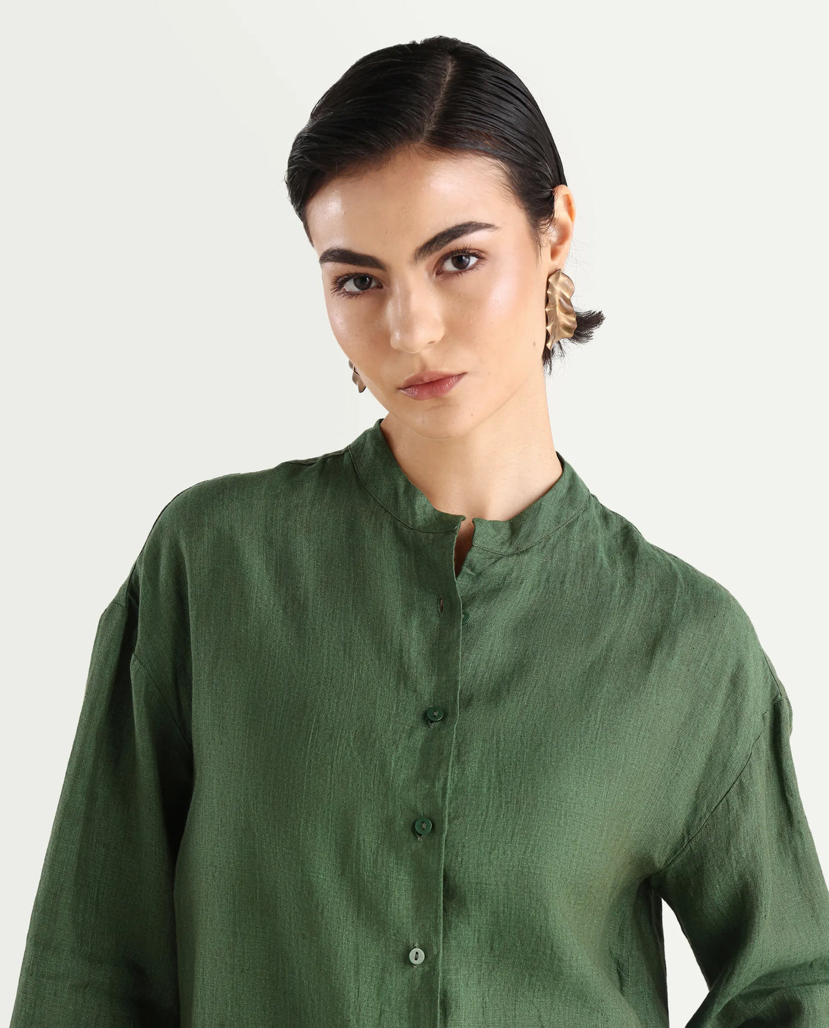 Rareism Women's Nent Dusky Green 100% Linen Mandarin Collar Regular Fit Top