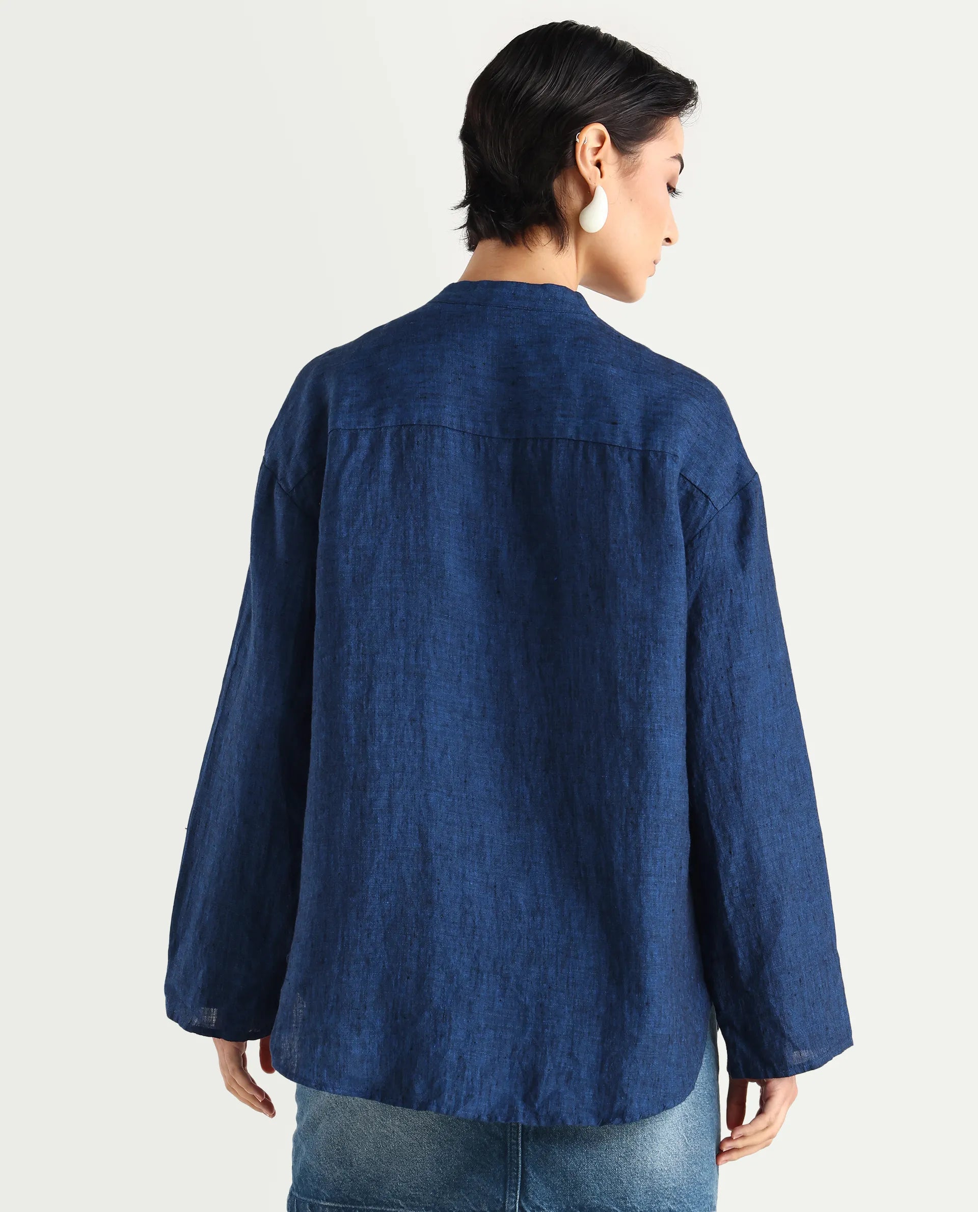 Rareism Women's Nent Navy Linen Mandarin Collar Regular Fit Top
