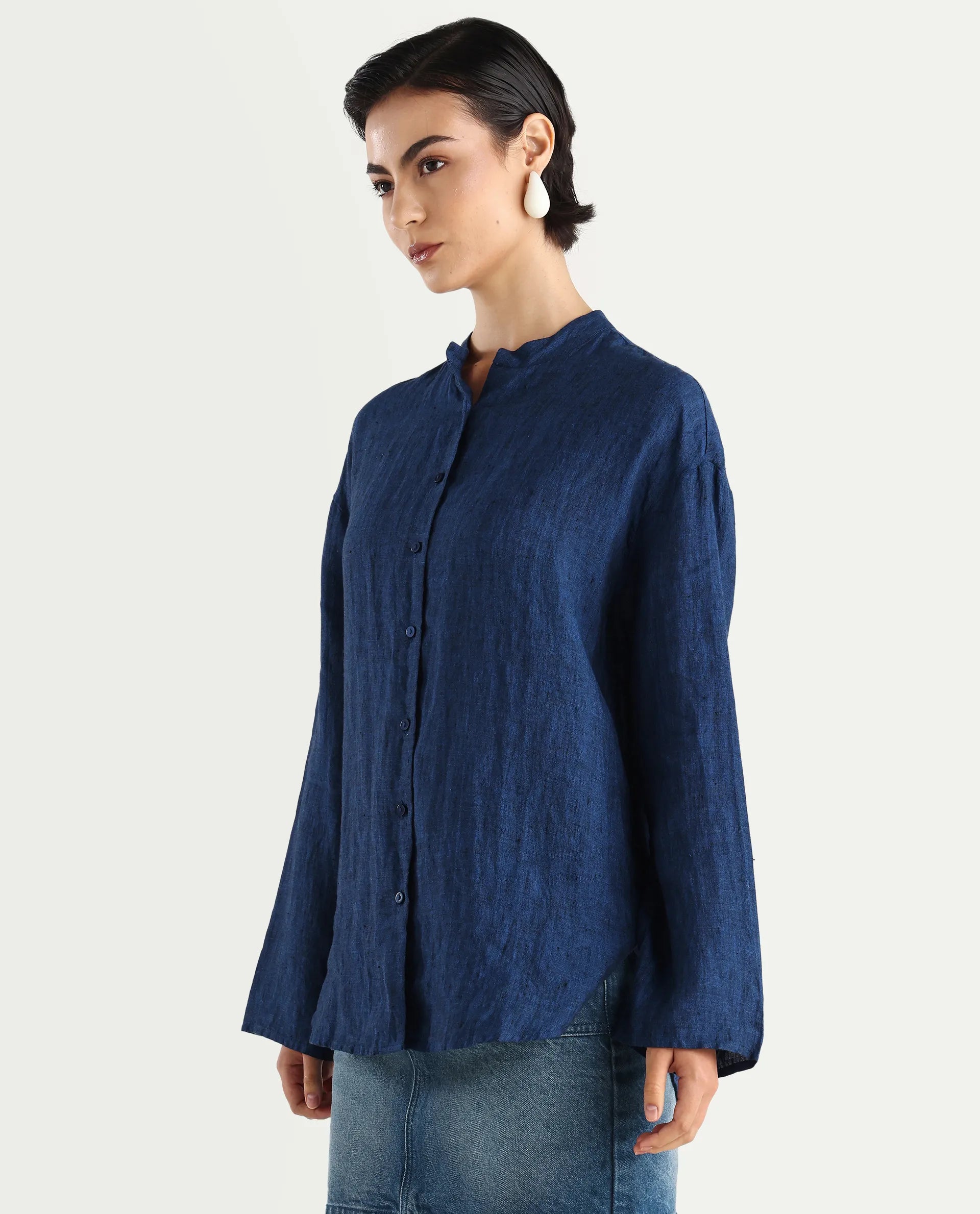 Rareism Women's Nent Navy Linen Mandarin Collar Regular Fit Top
